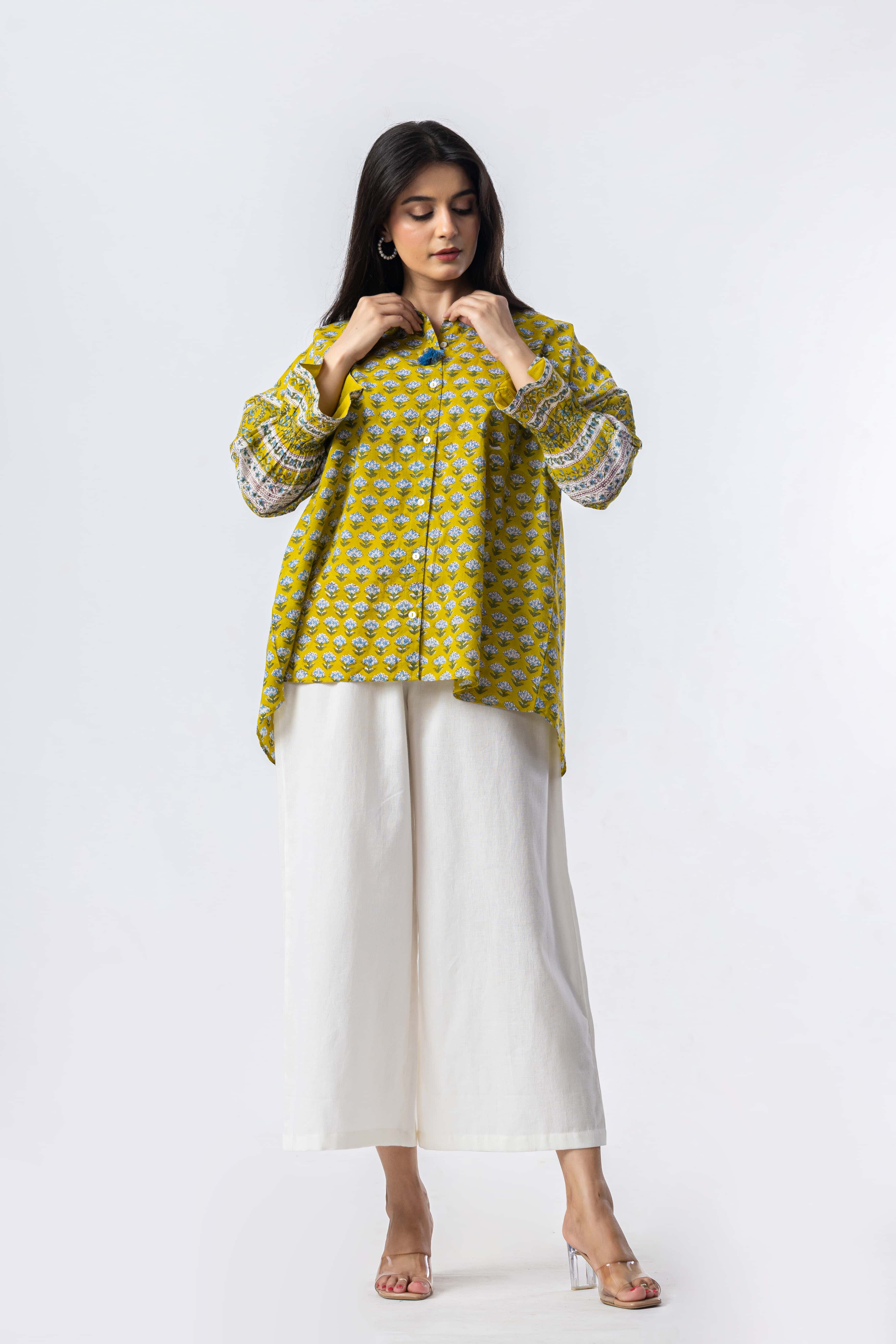 Olive Hand Block Print Oversized Shirt