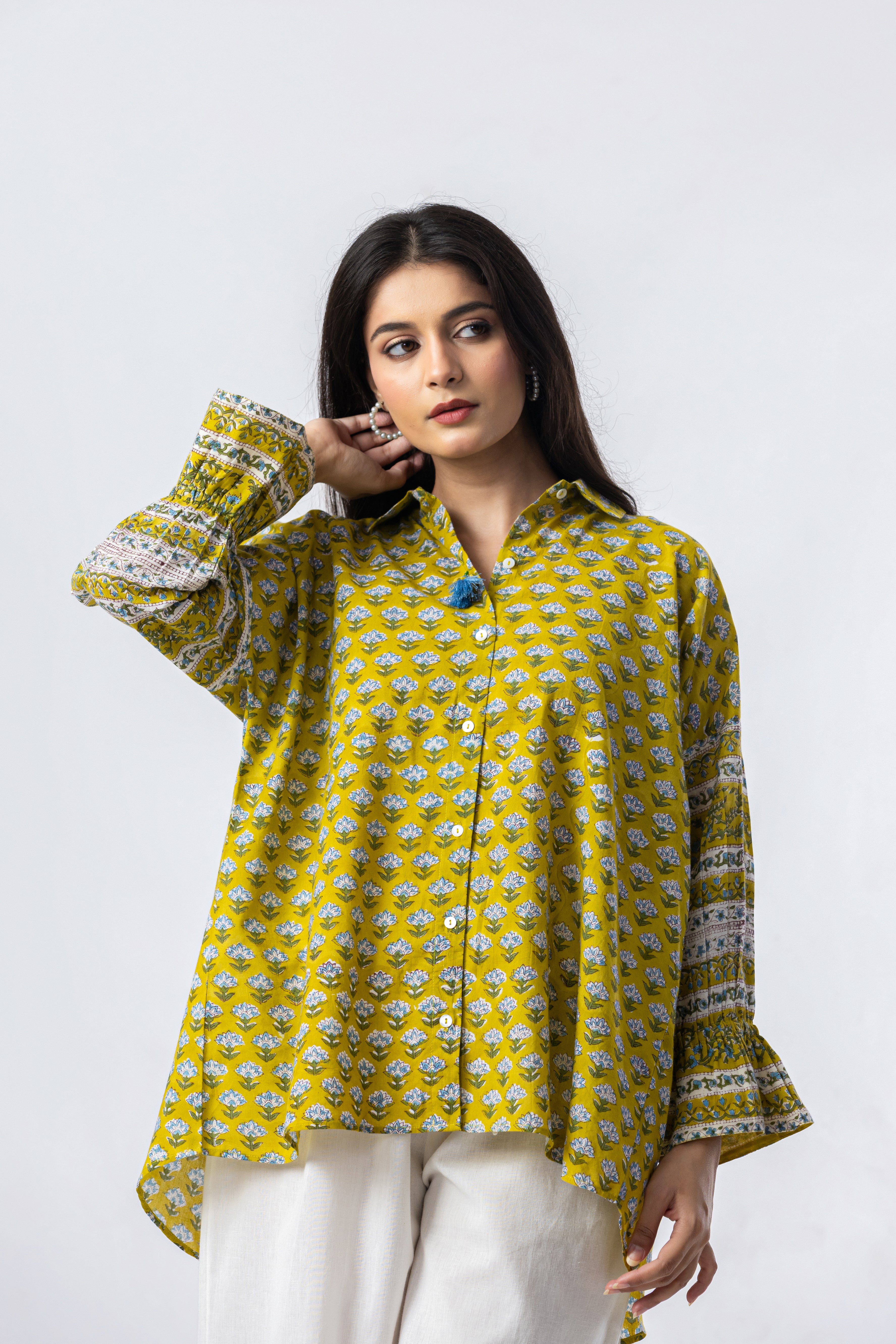 Olive Hand Block Print Oversized Shirt