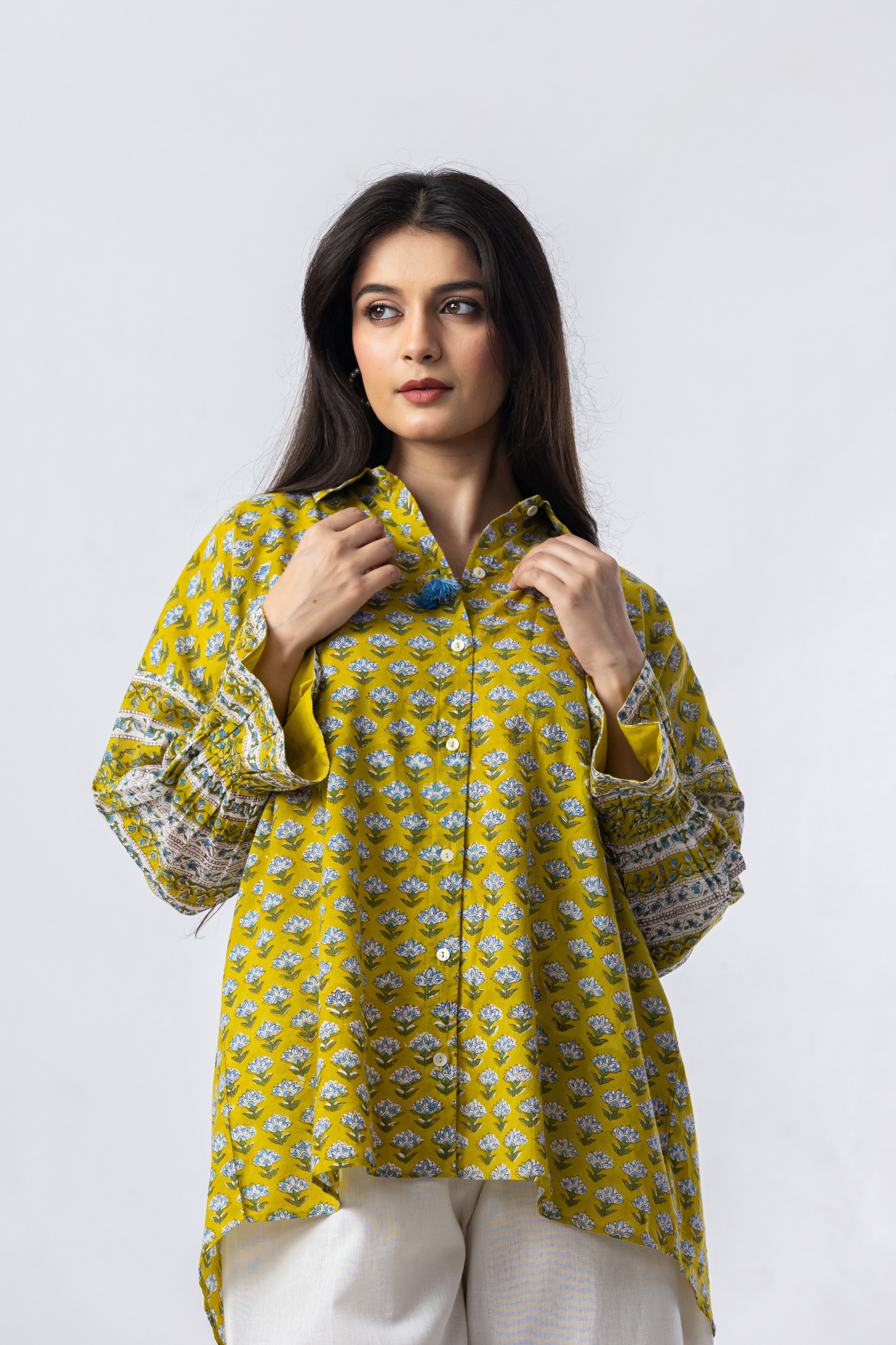 Olive Hand Block Print Oversized Shirt