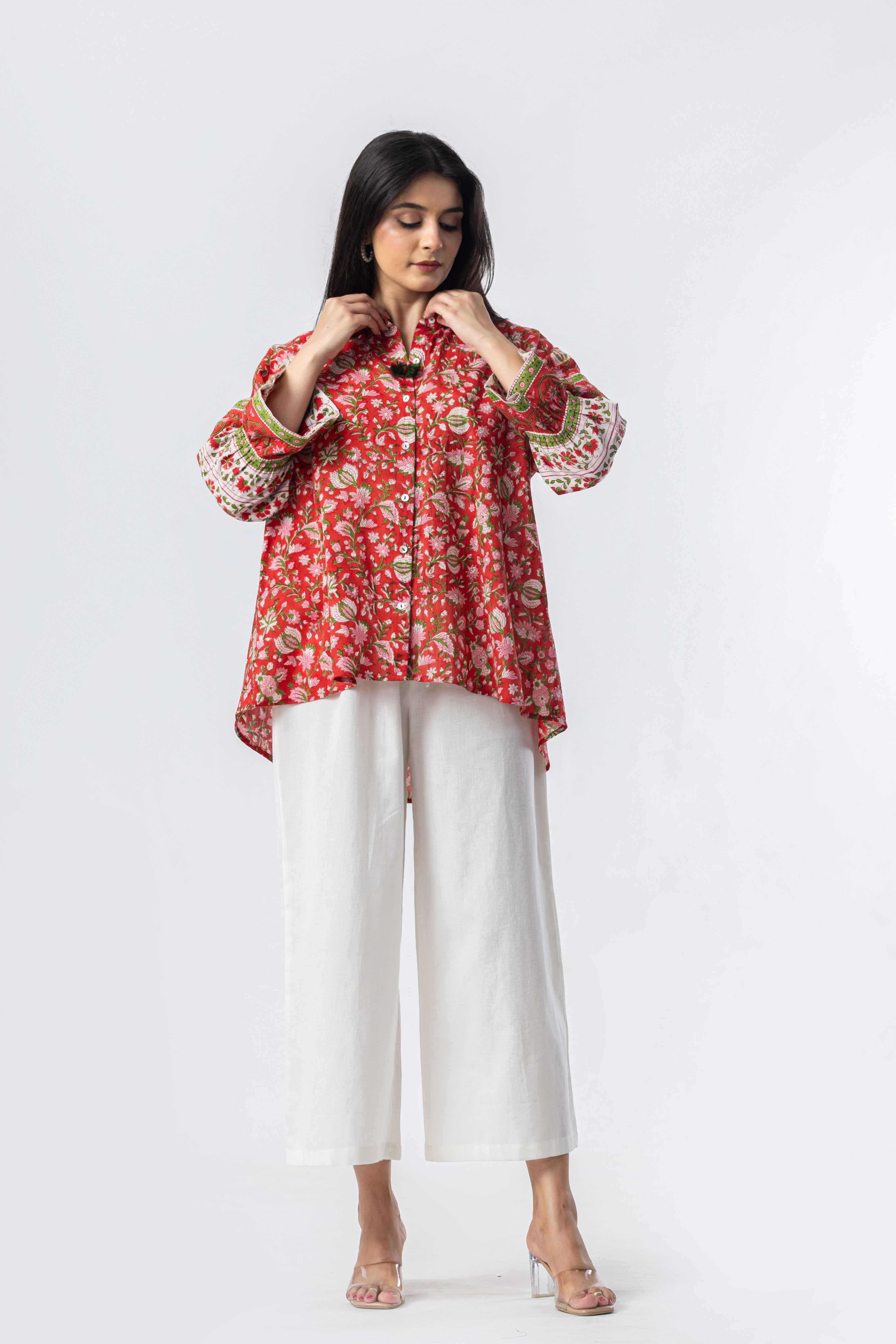 Coral Bloom Hand Block Print Oversized Shirt
