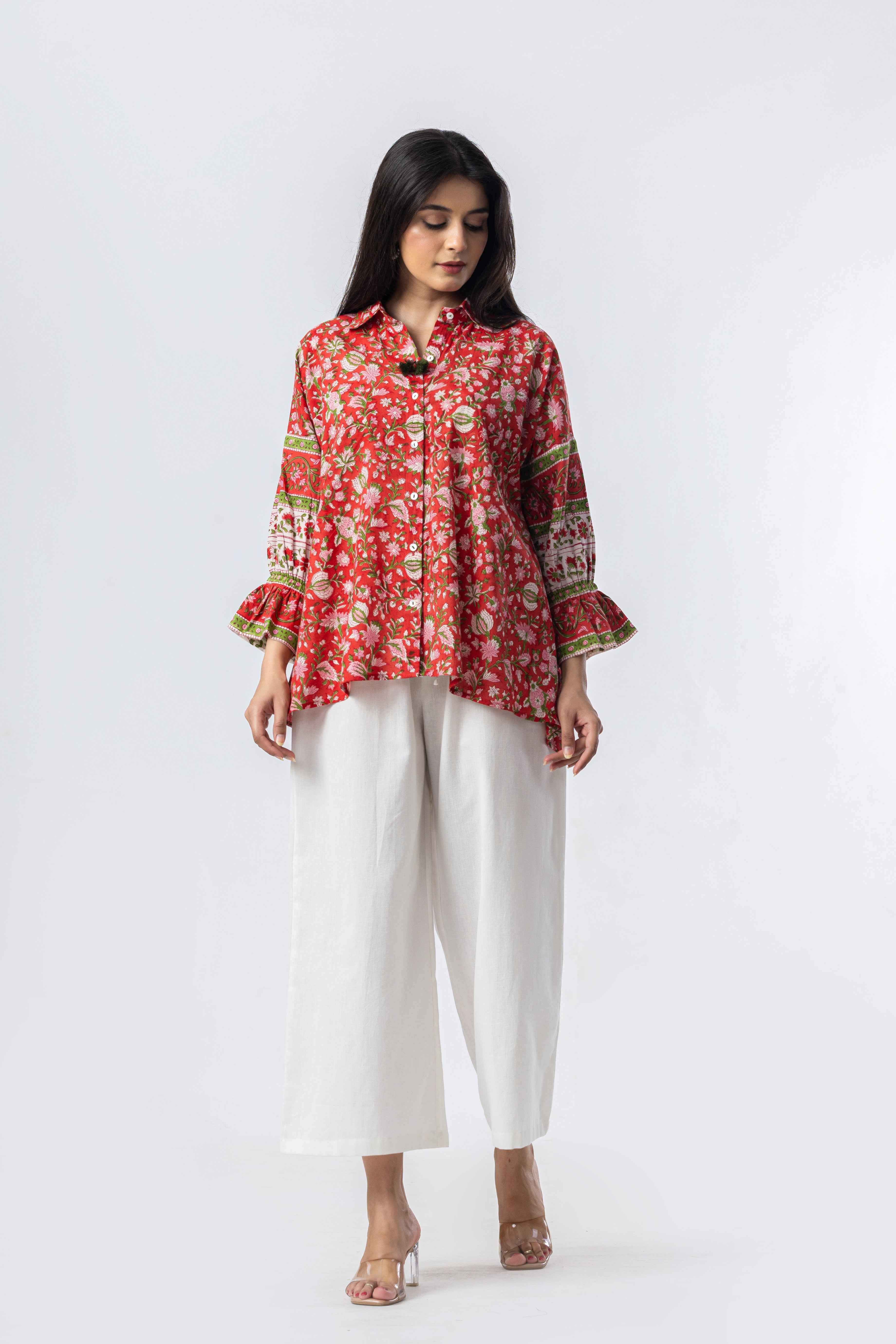 Coral Bloom Hand Block Print Oversized Shirt (Copy)