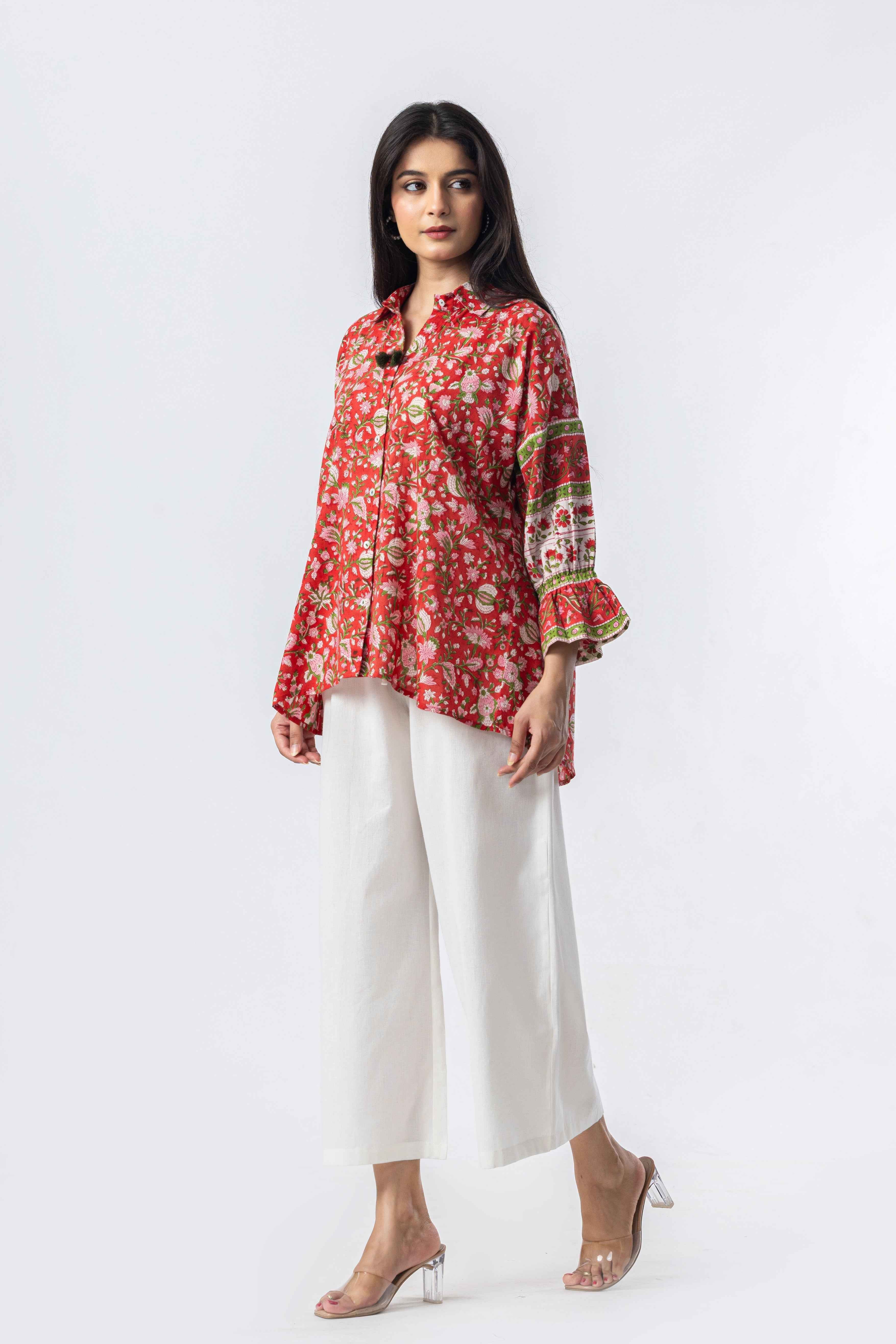 Coral Bloom Hand Block Print Oversized Shirt
