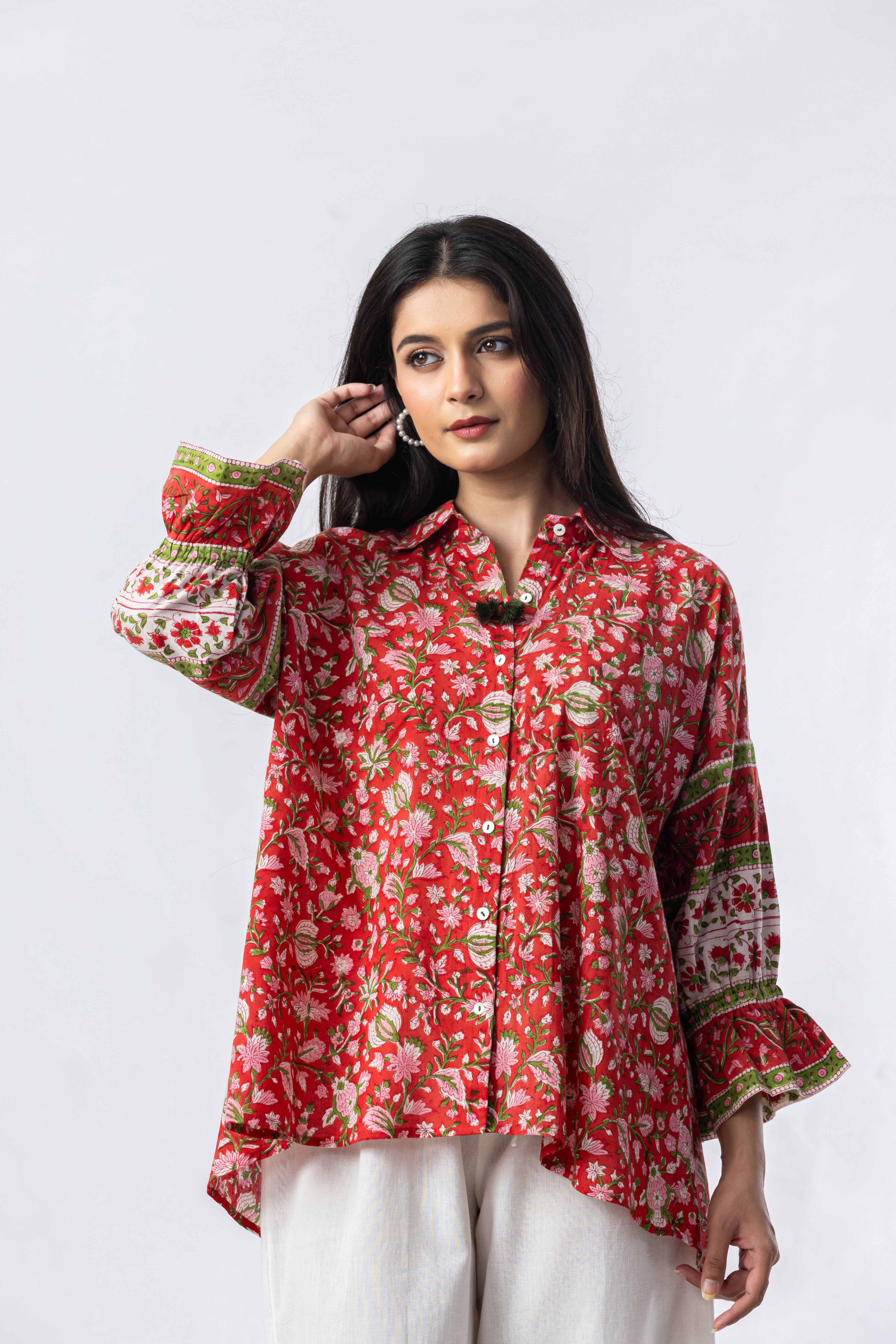 Coral Bloom Hand Block Print Oversized Shirt