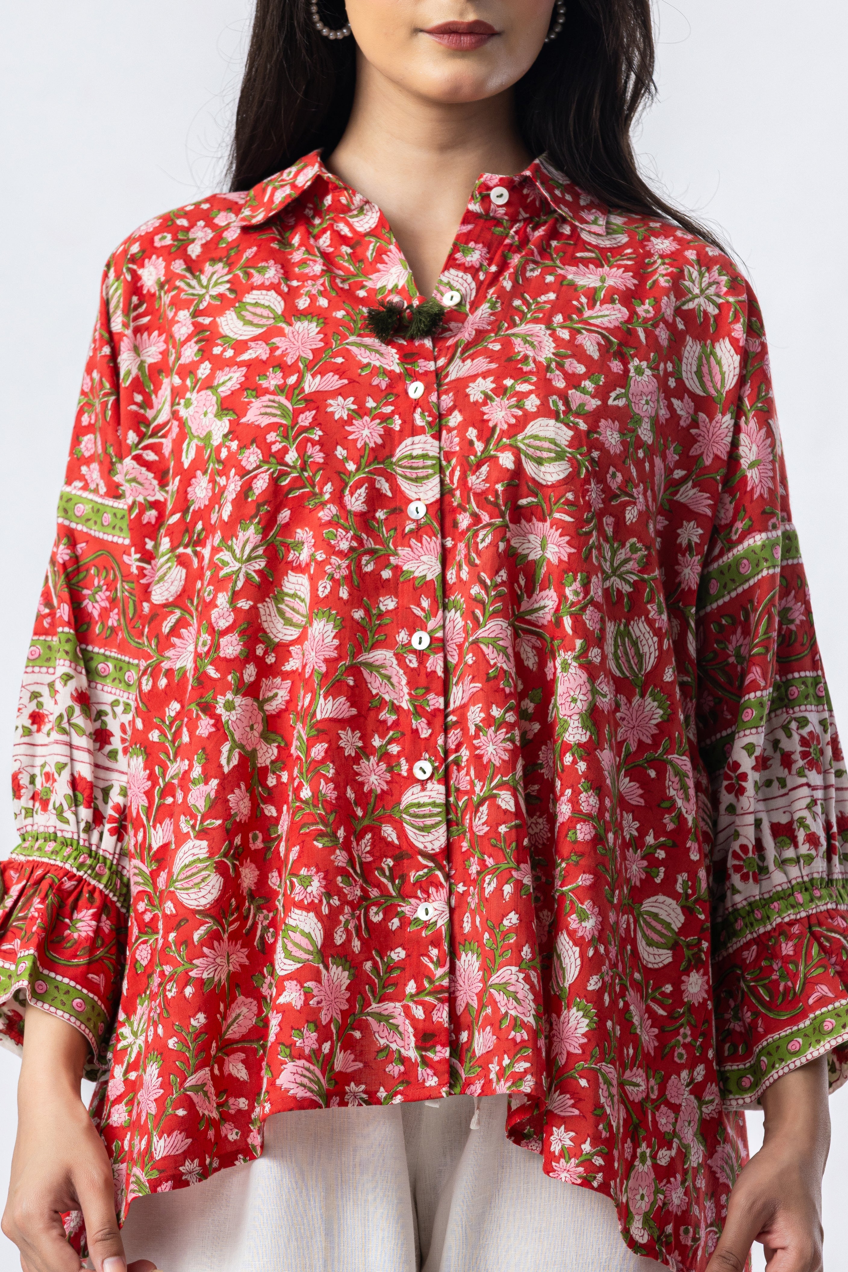 Coral Bloom Hand Block Print Oversized Shirt