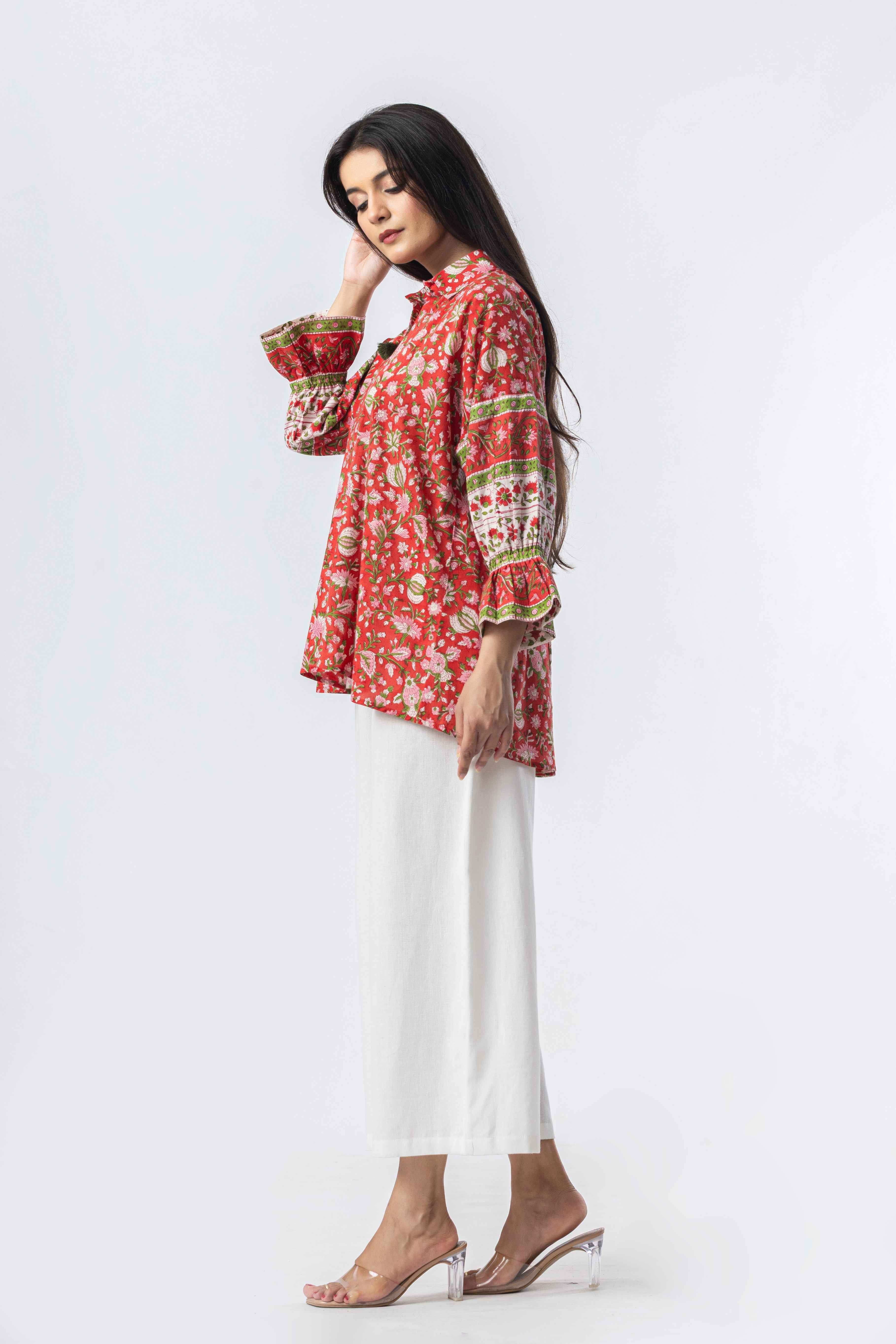 Coral Bloom Hand Block Print Oversized Shirt (Copy)