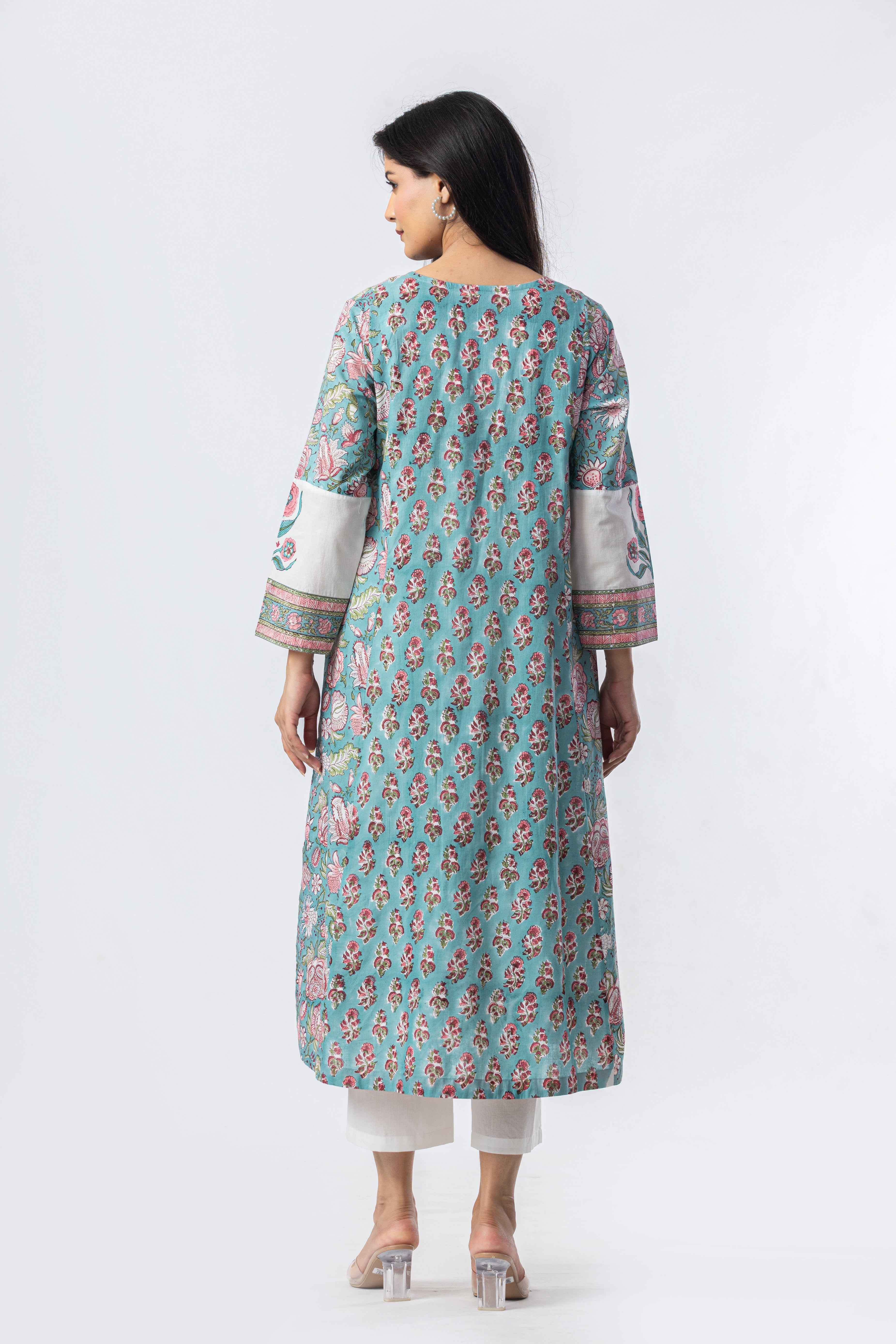 Aqua Gathered Hand Block Print Kurta