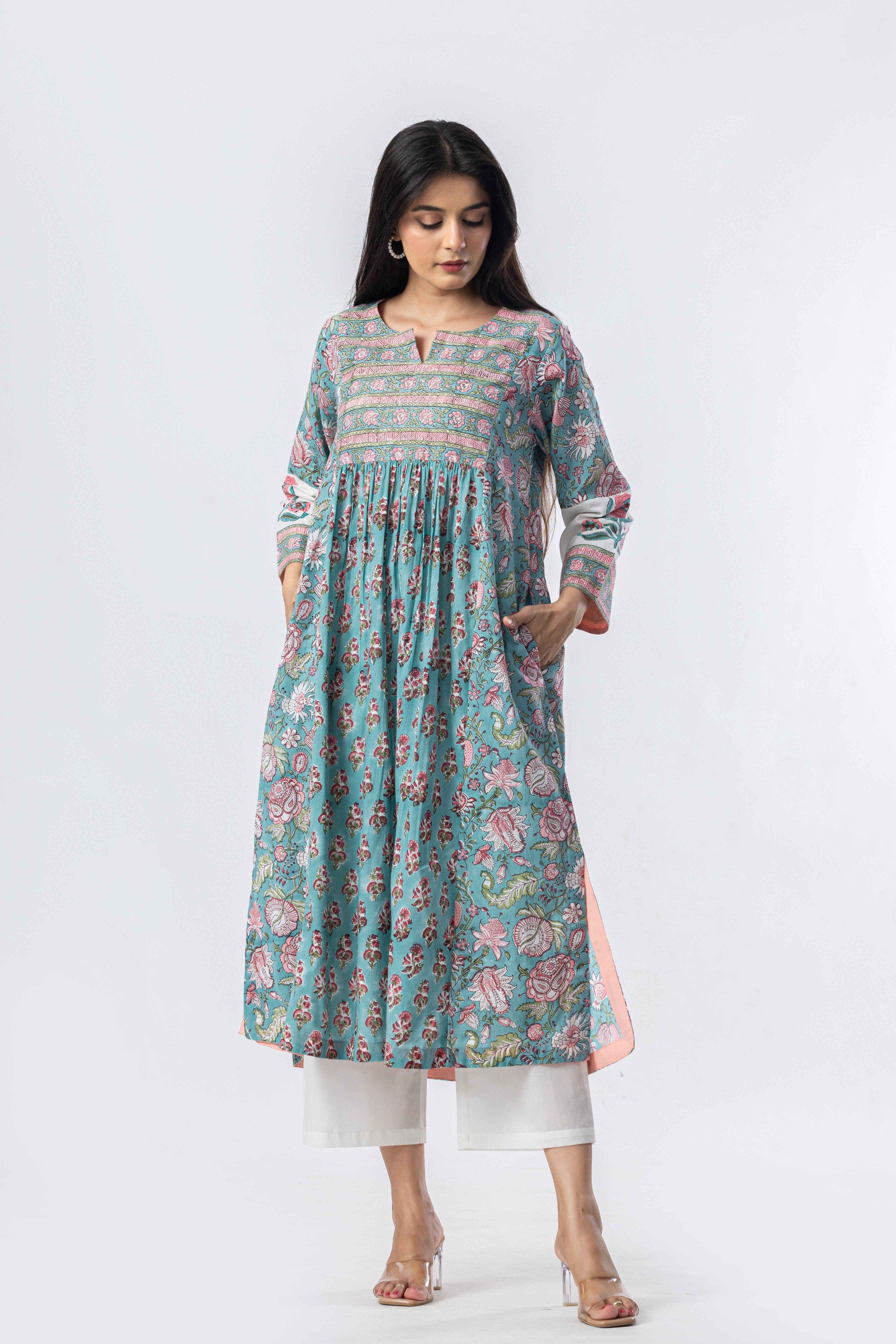 Aqua Gathered Hand Block Print Kurta