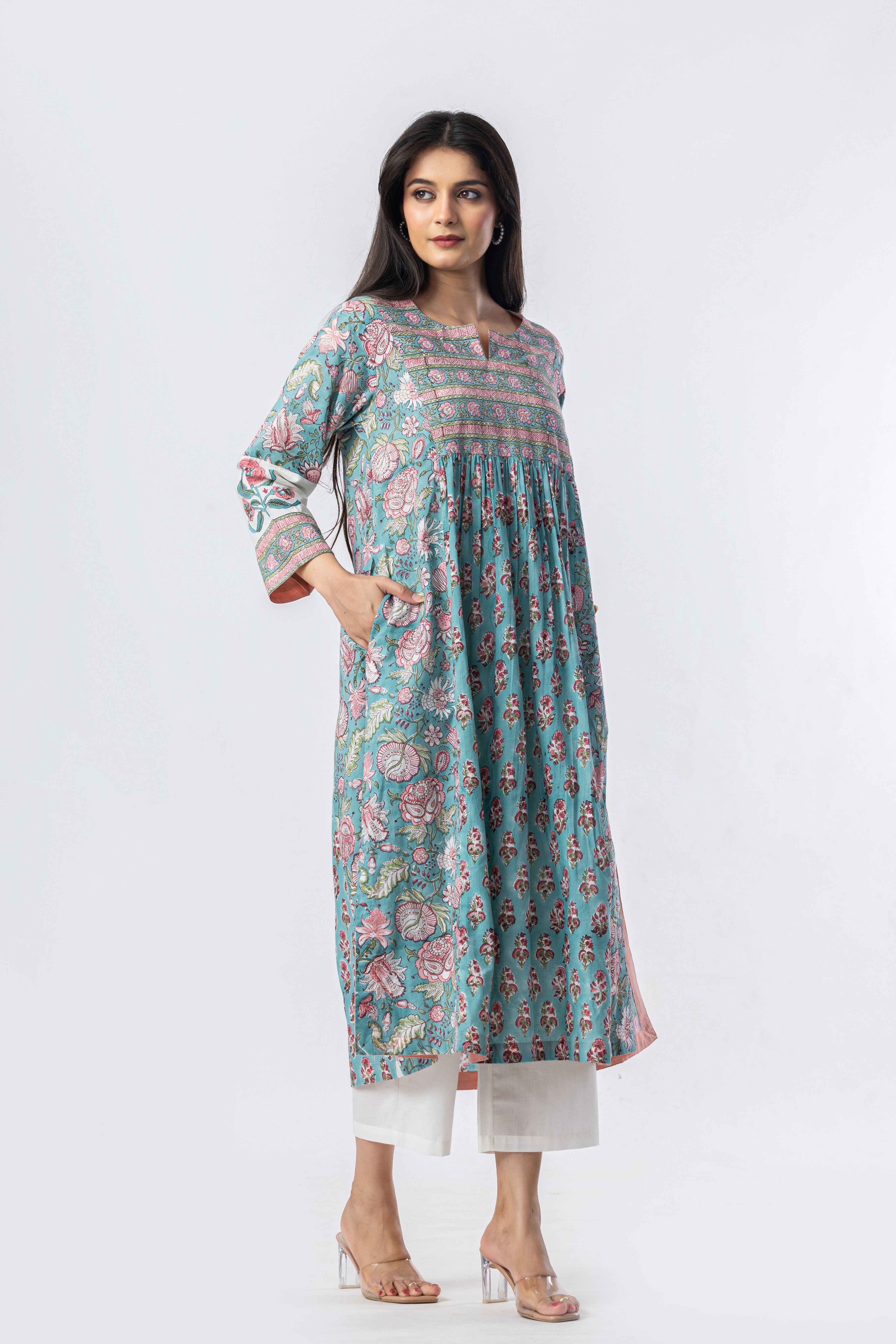 Aqua Gathered Hand Block Print Kurta