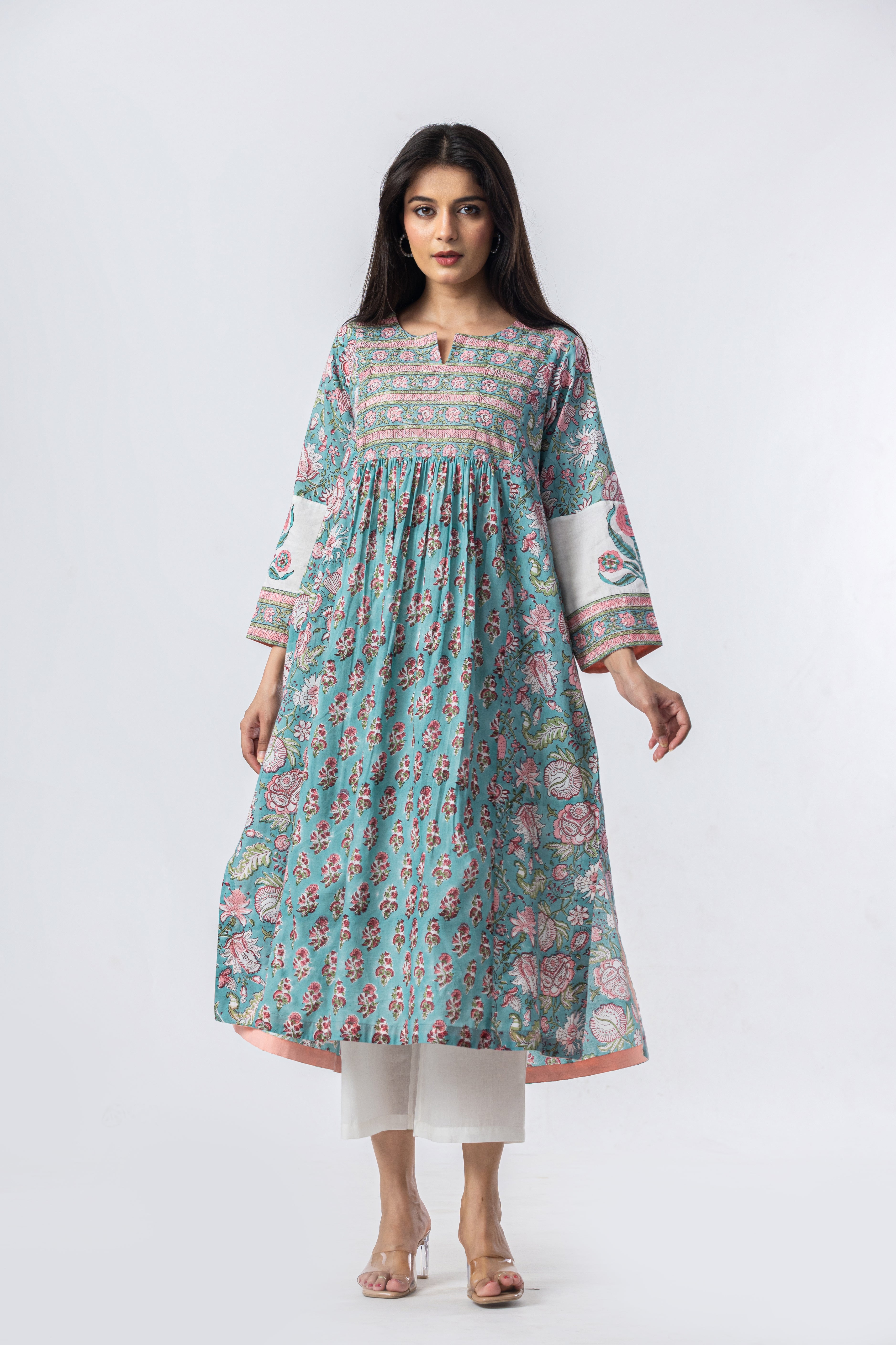 Aqua Gathered Hand Block Print Kurta