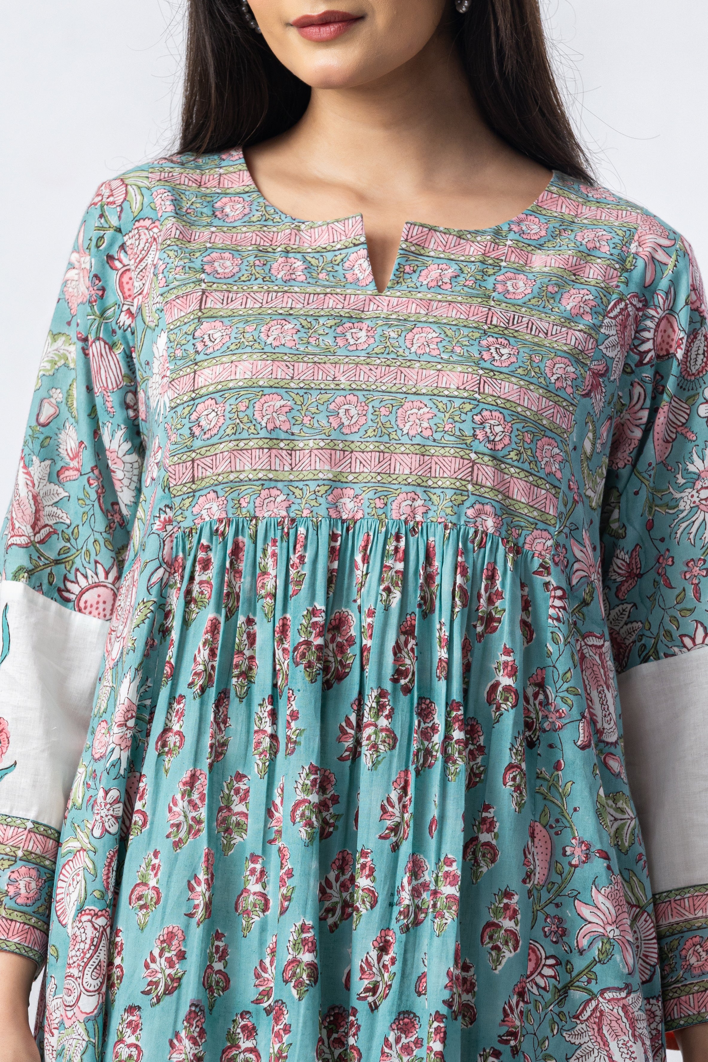Aqua Gathered Hand Block Print Kurta