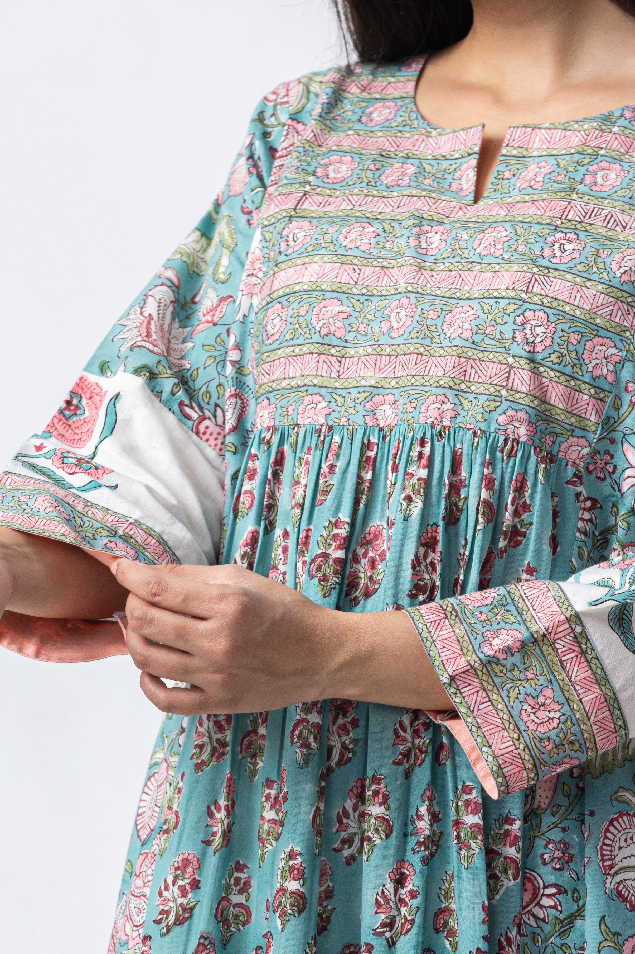 Aqua Gathered Hand Block Print Kurta