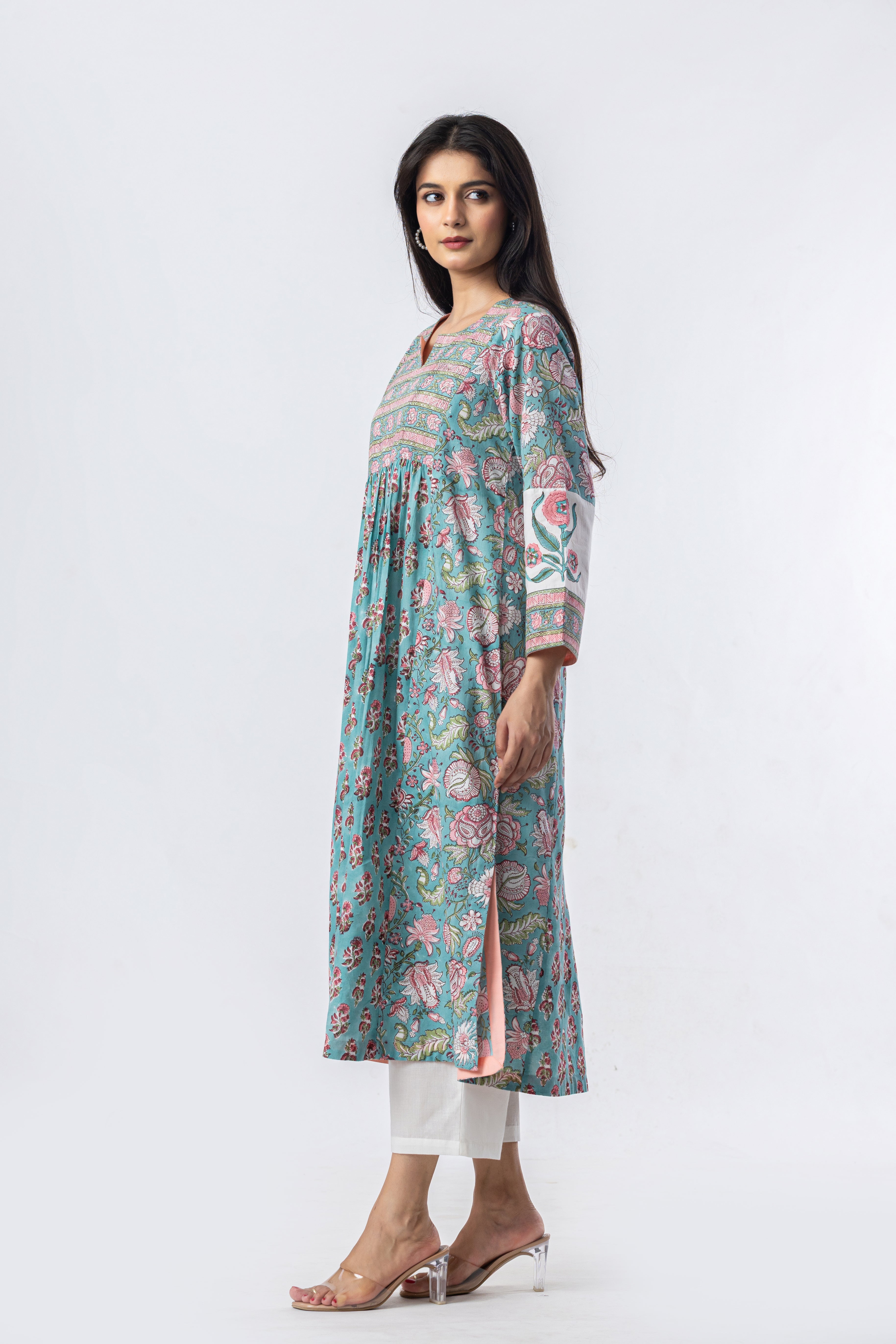 Aqua Gathered Hand Block Print Kurta