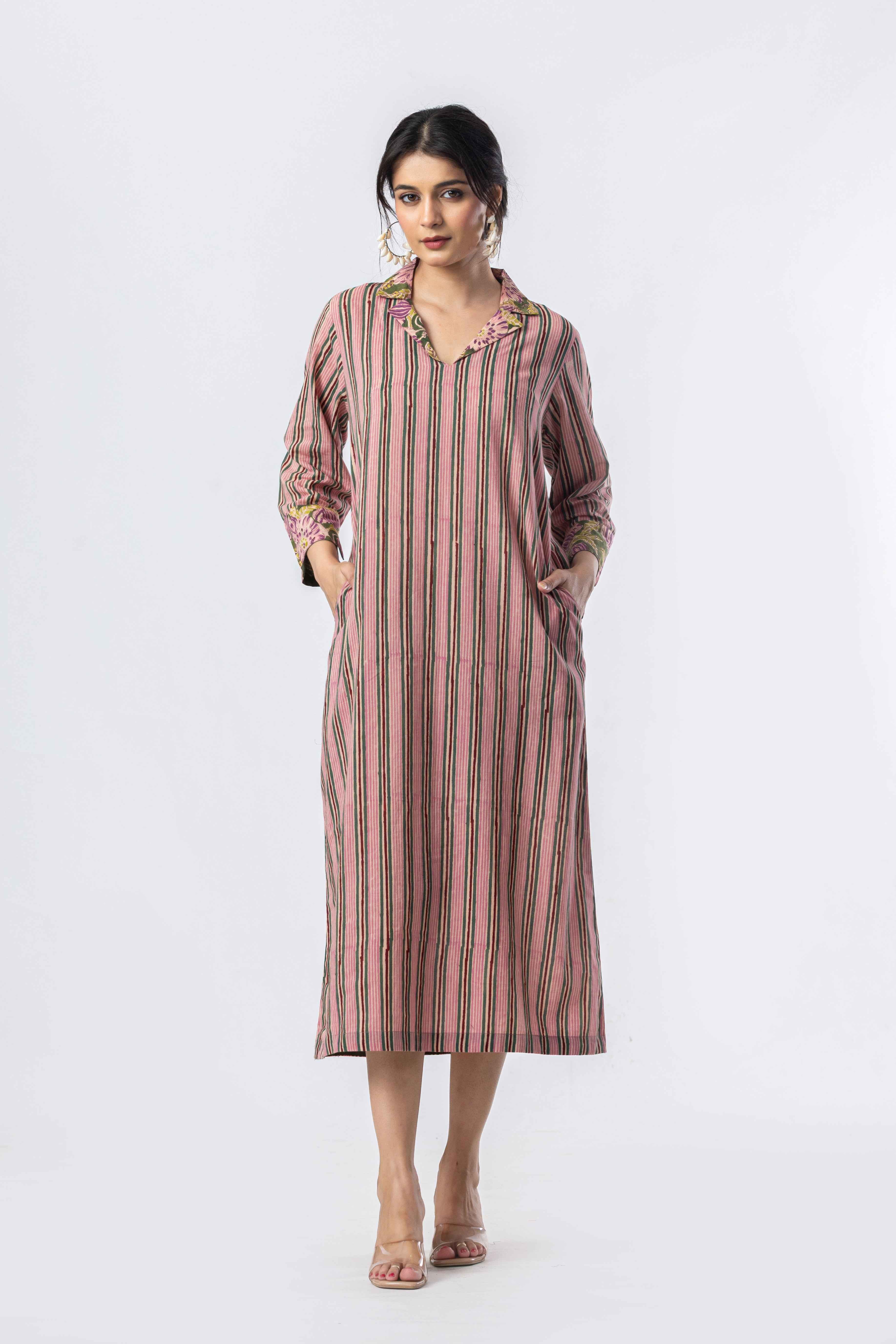 Rose Stripe Cotton Shirt Dress