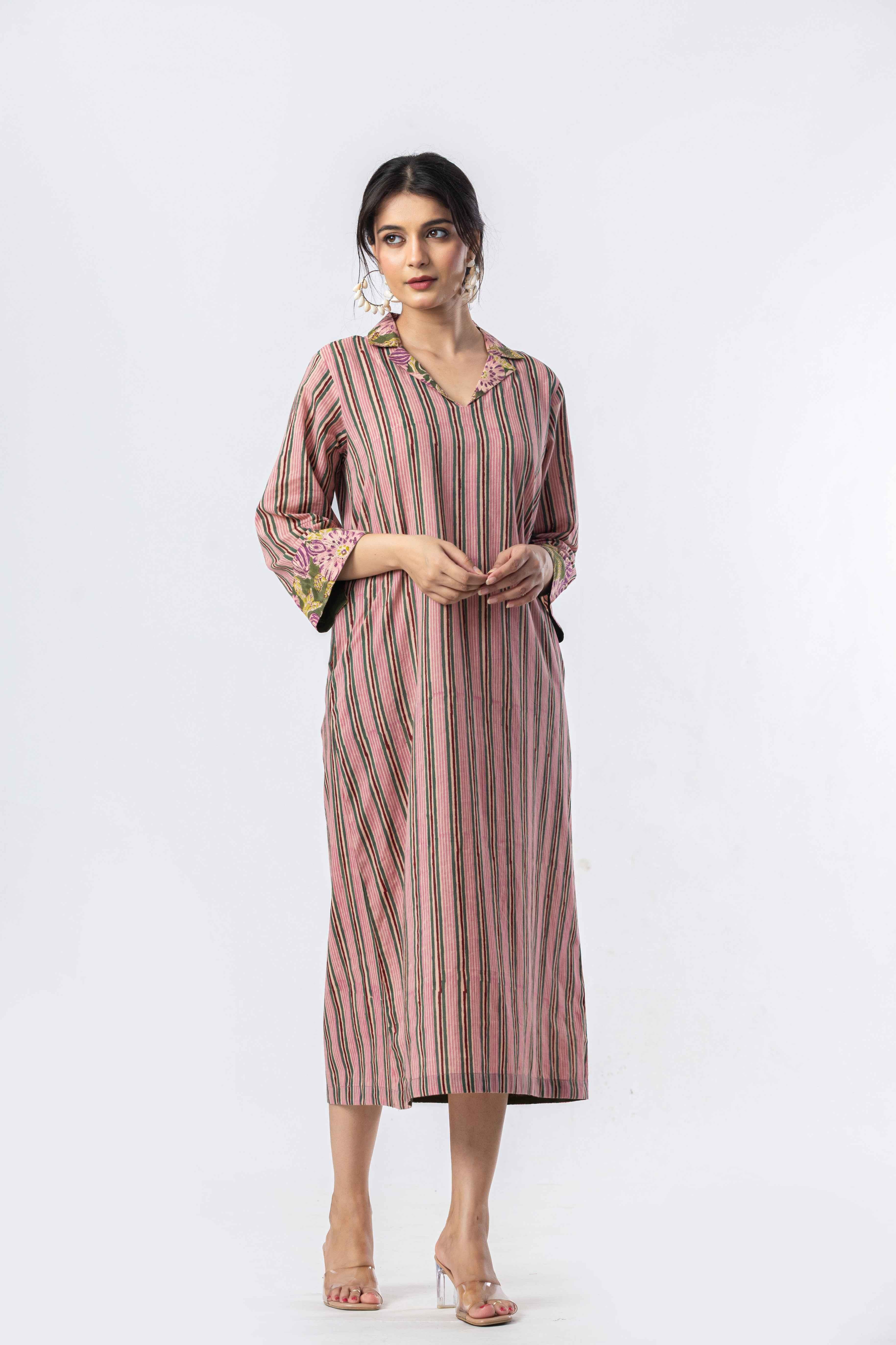 Rose Stripe Cotton Shirt Dress
