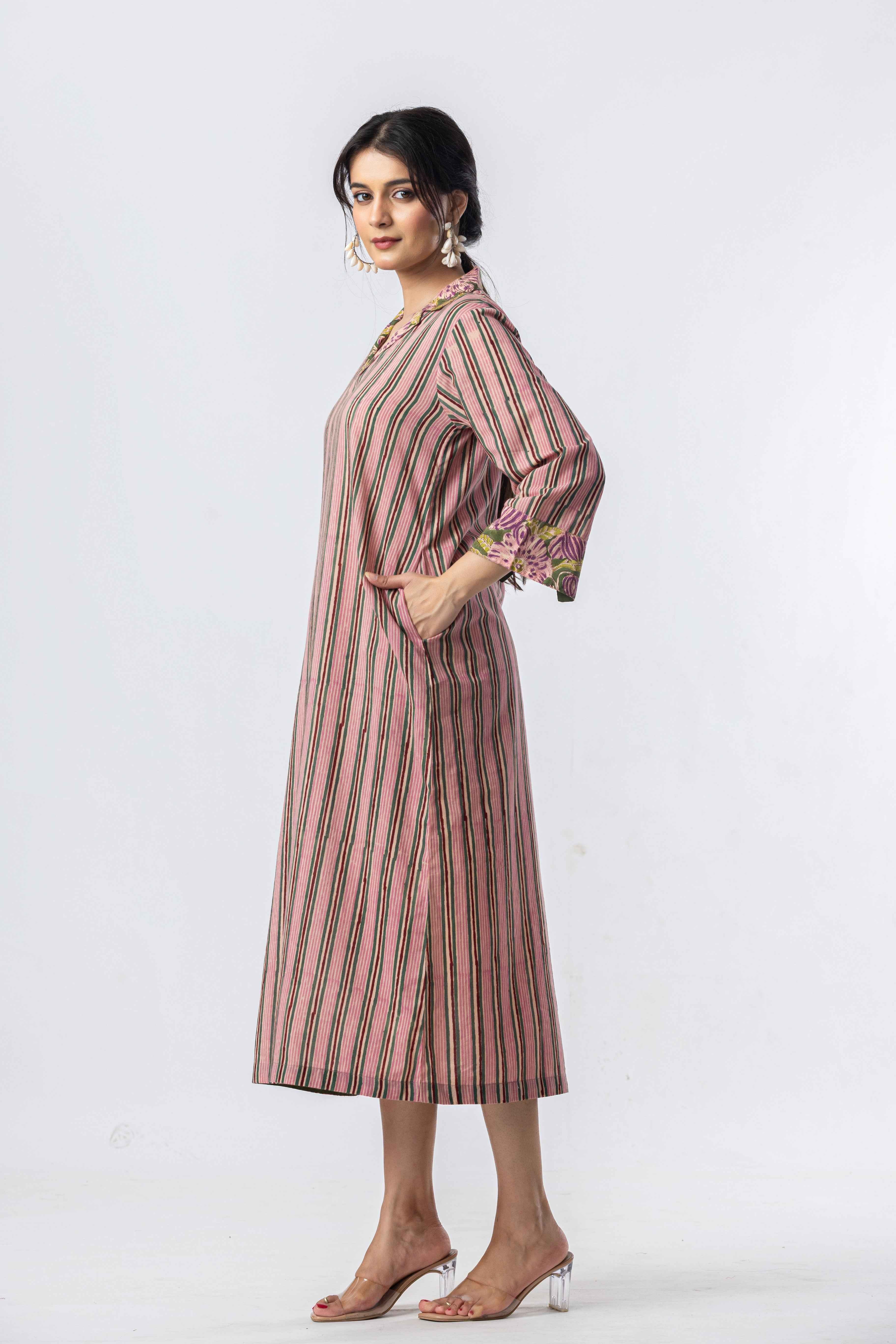 Rose Stripe Cotton Shirt Dress