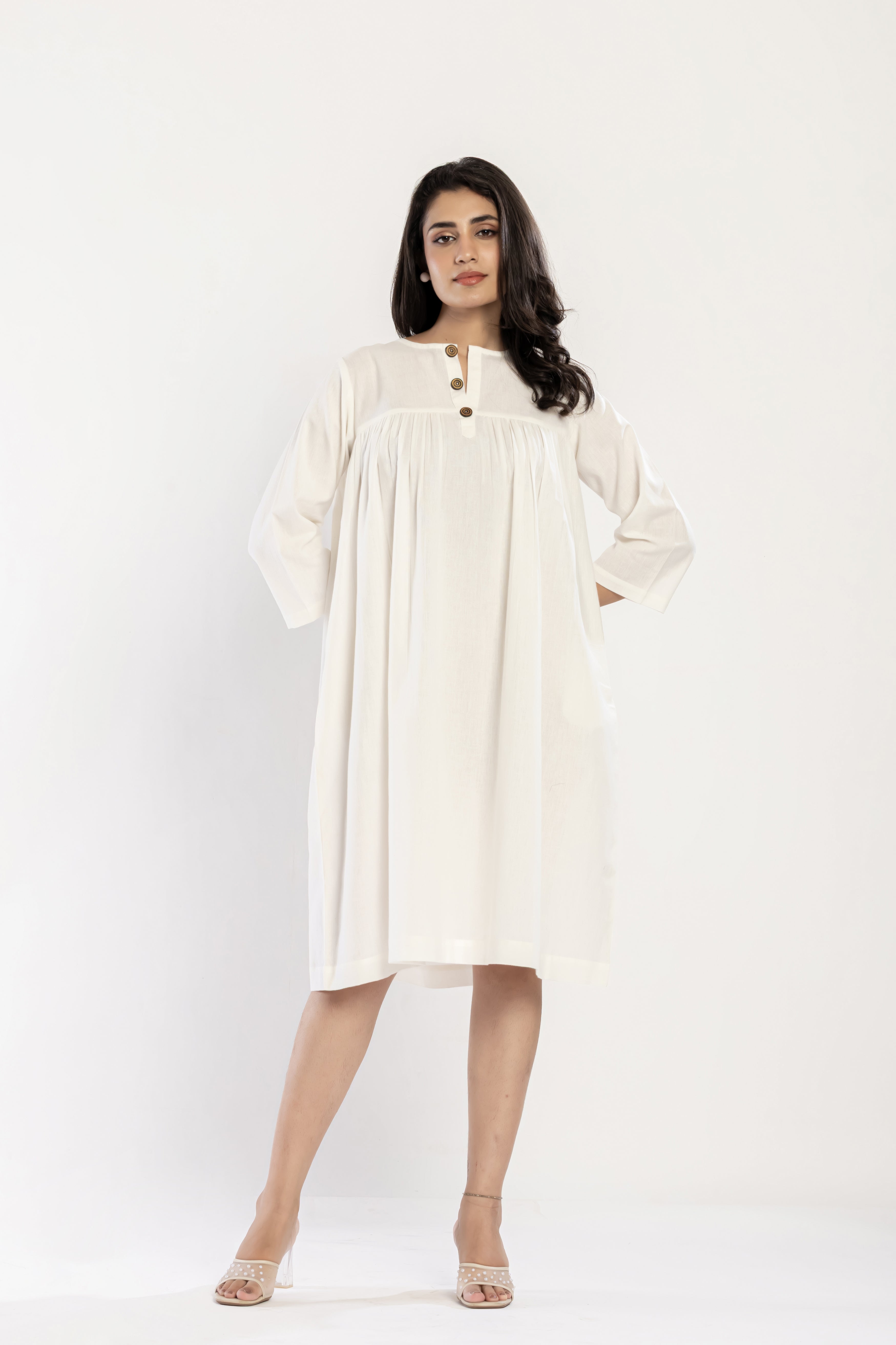 Cotton Flex Gather Dress (White)