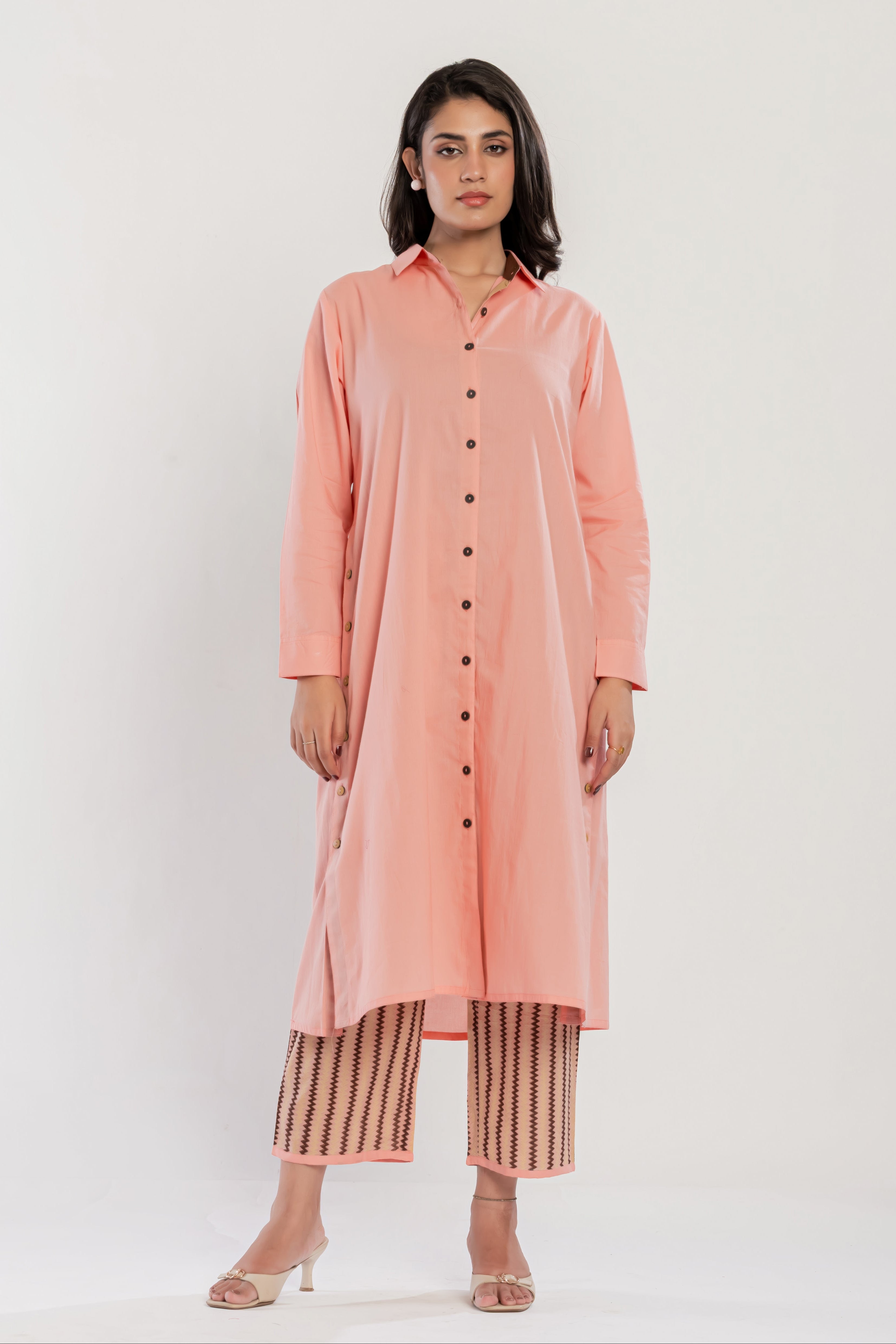 Peach-pink Shirt Kurti (Pants Included)