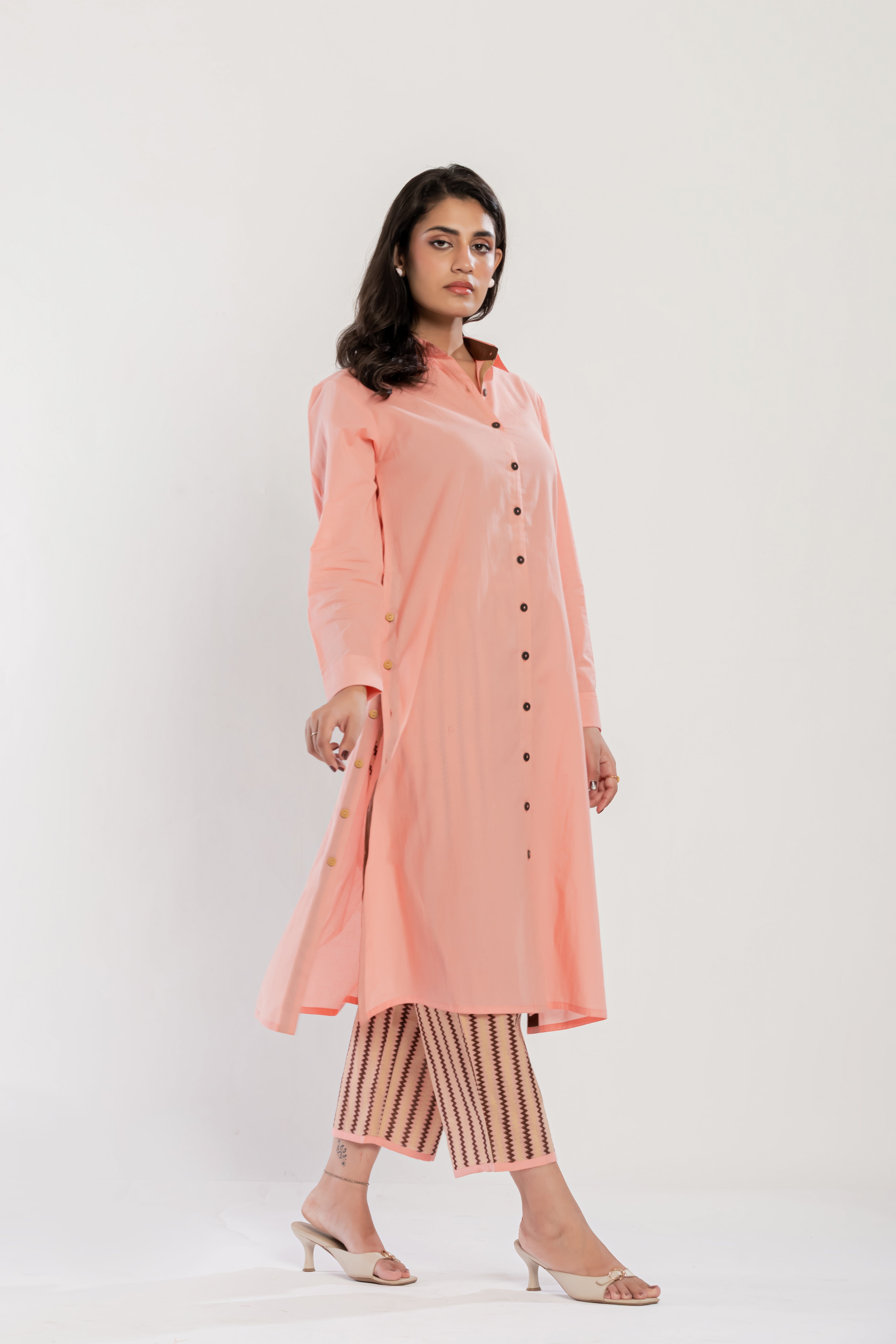 Peach-pink Shirt Kurti (Pants Included)