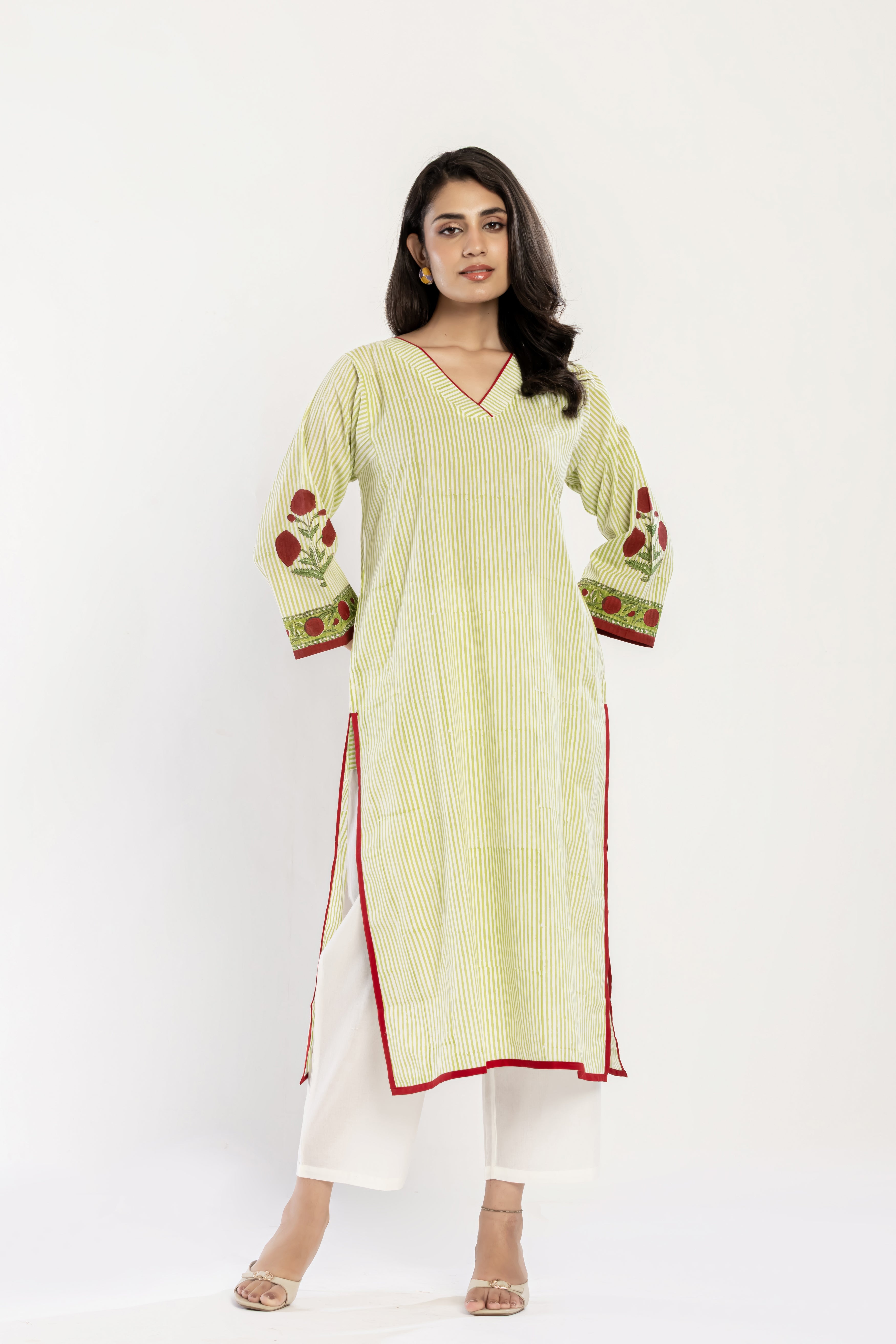 Green Stripes Cotton Kurti (Dupatta included)