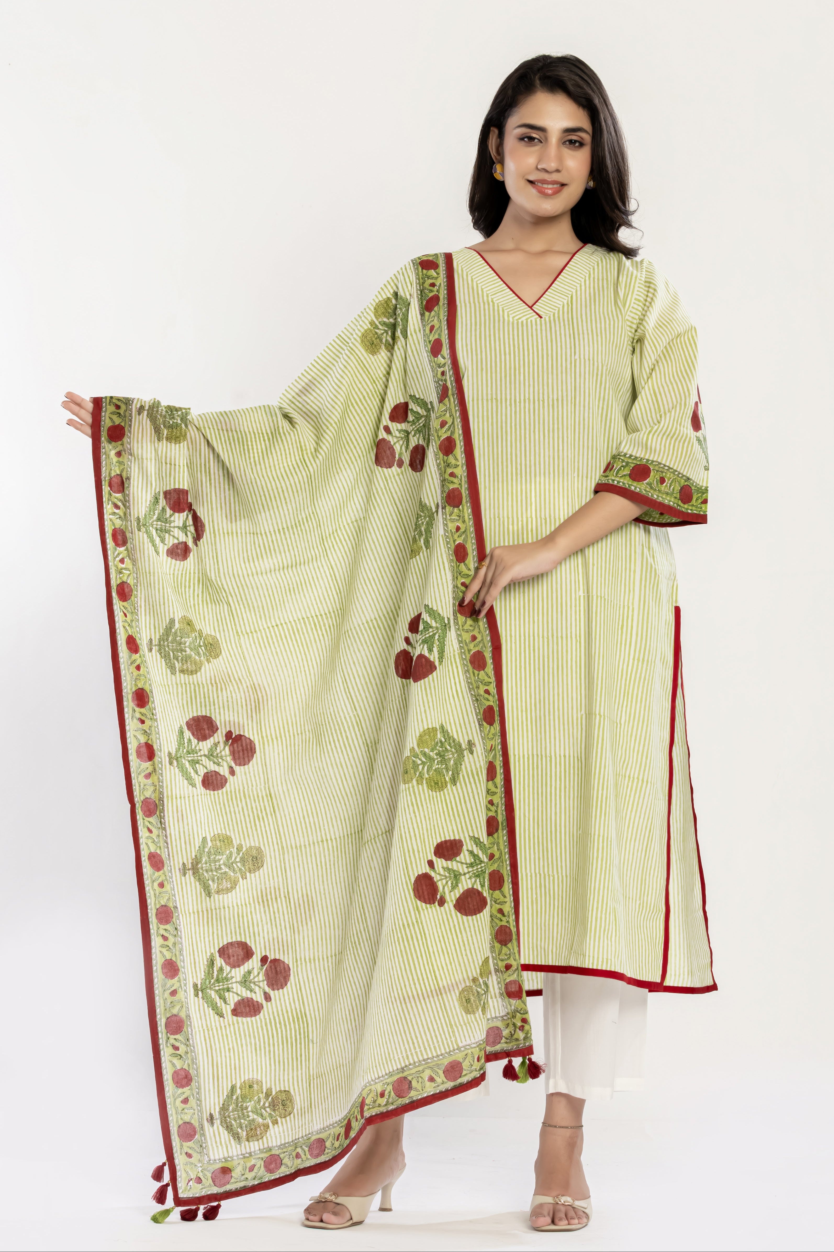 Green Stripes Cotton Kurti (Dupatta included)