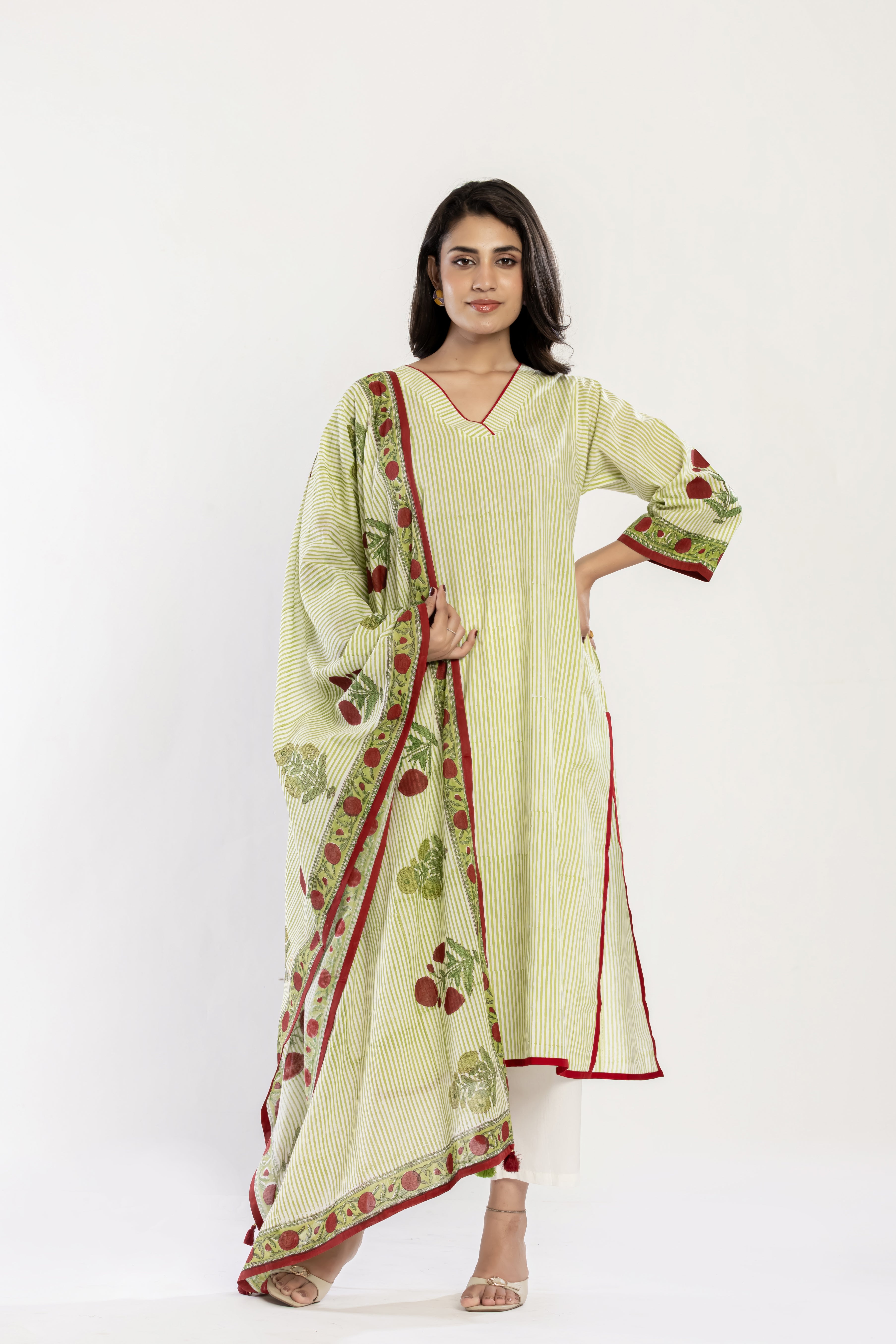 Green Stripes Cotton Kurti (Dupatta included)