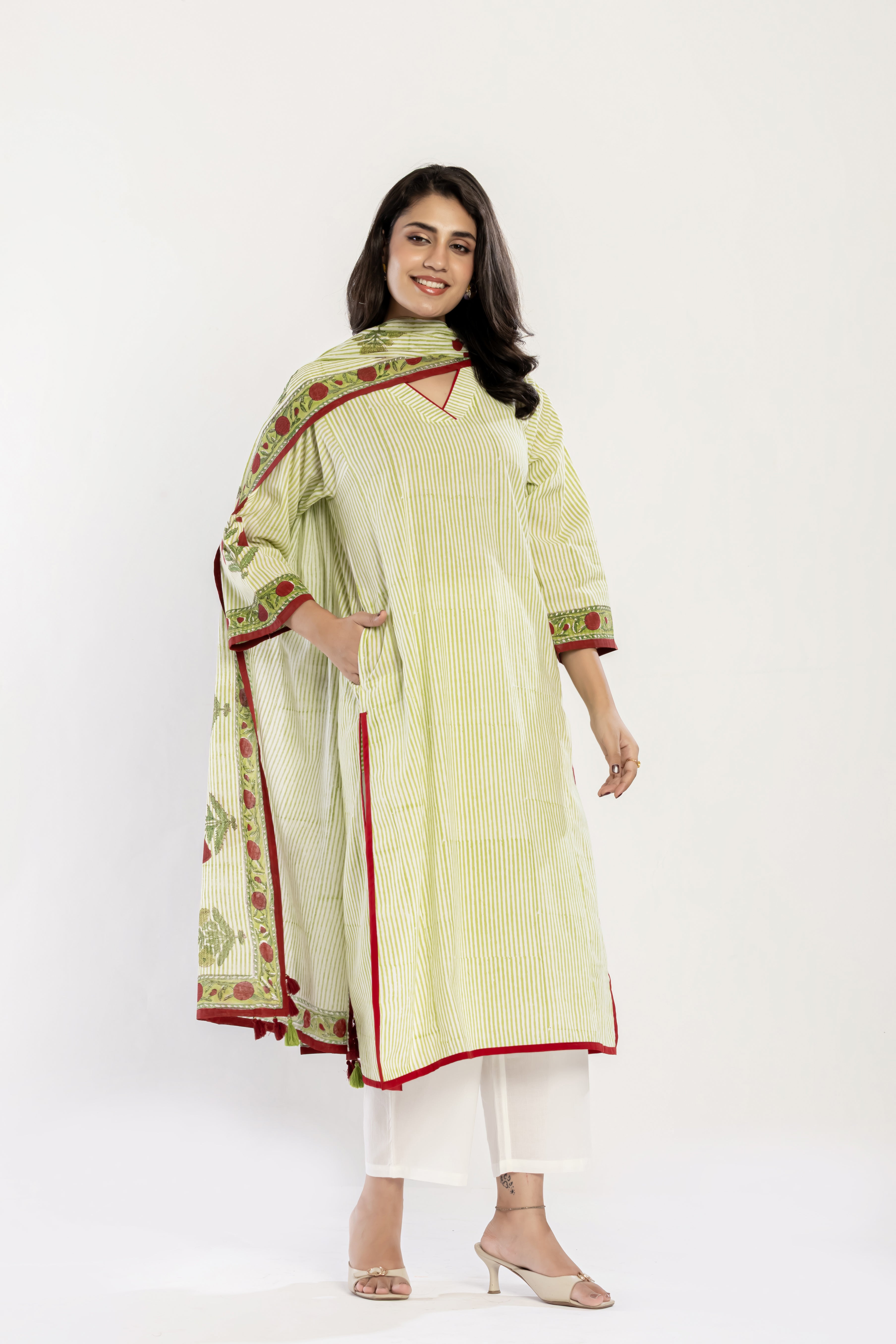 Green Stripes Cotton Kurti (Dupatta included)