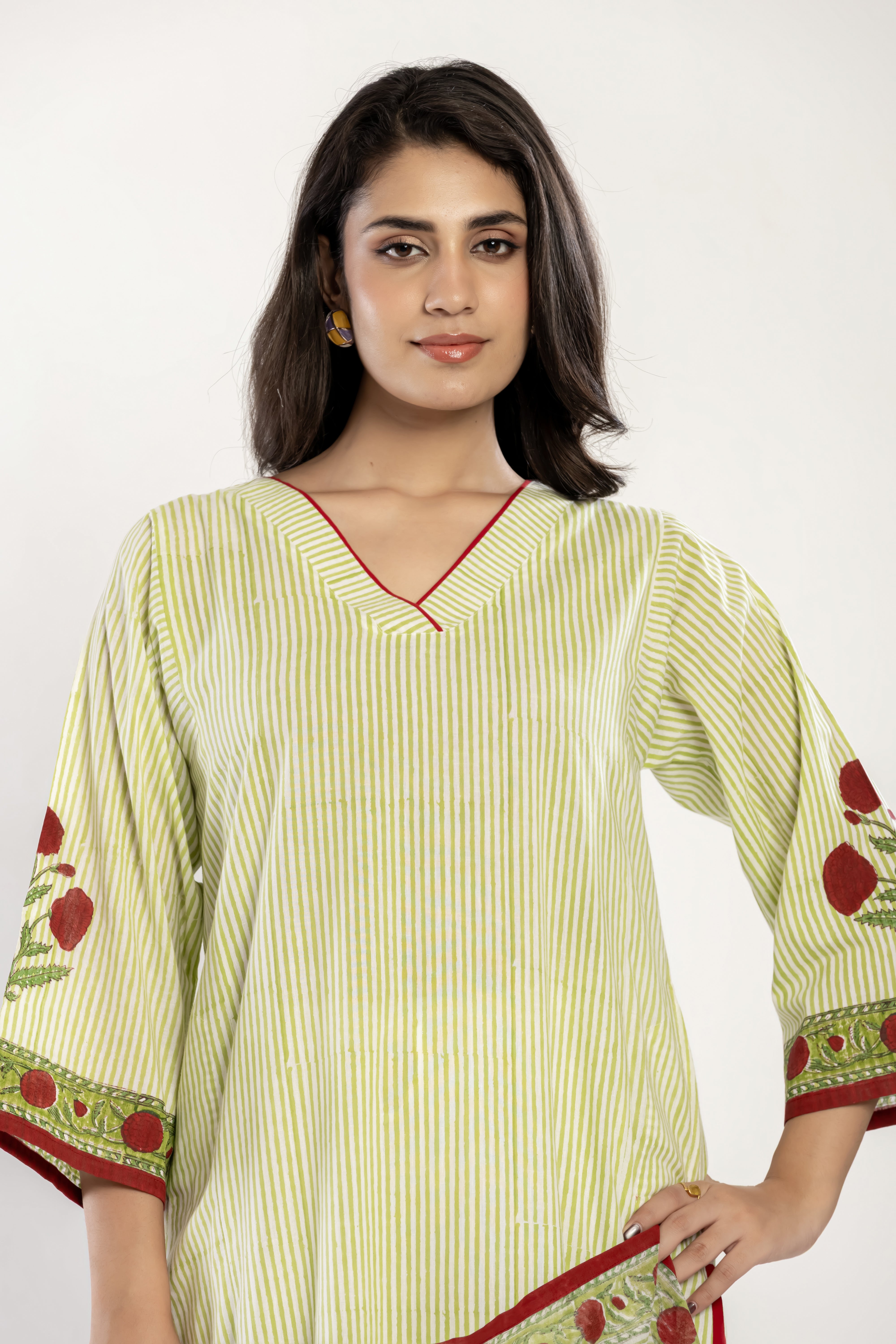 Green Stripes Cotton Kurti (Dupatta included)