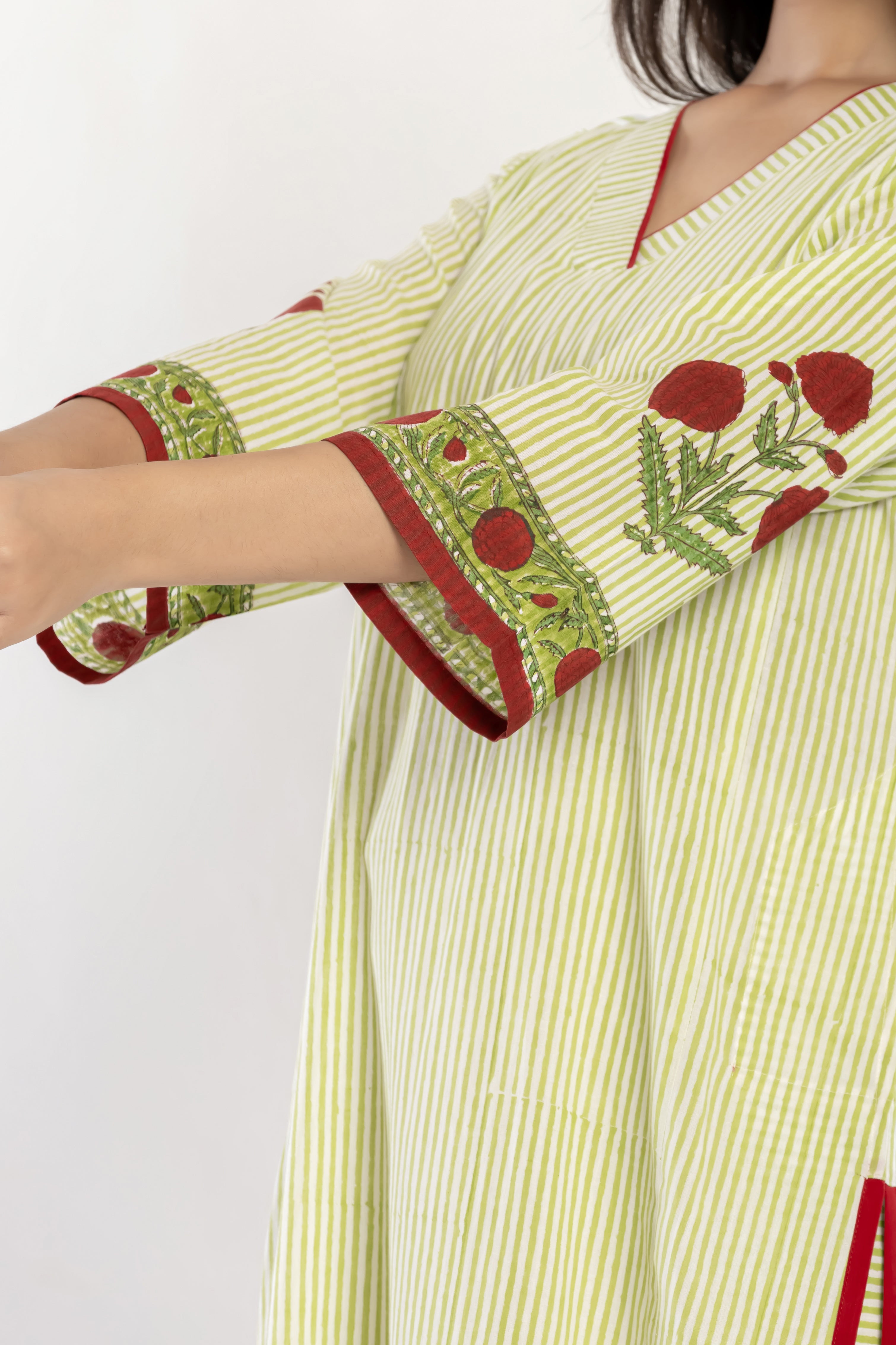 Green Stripes Cotton Kurti (Dupatta included)