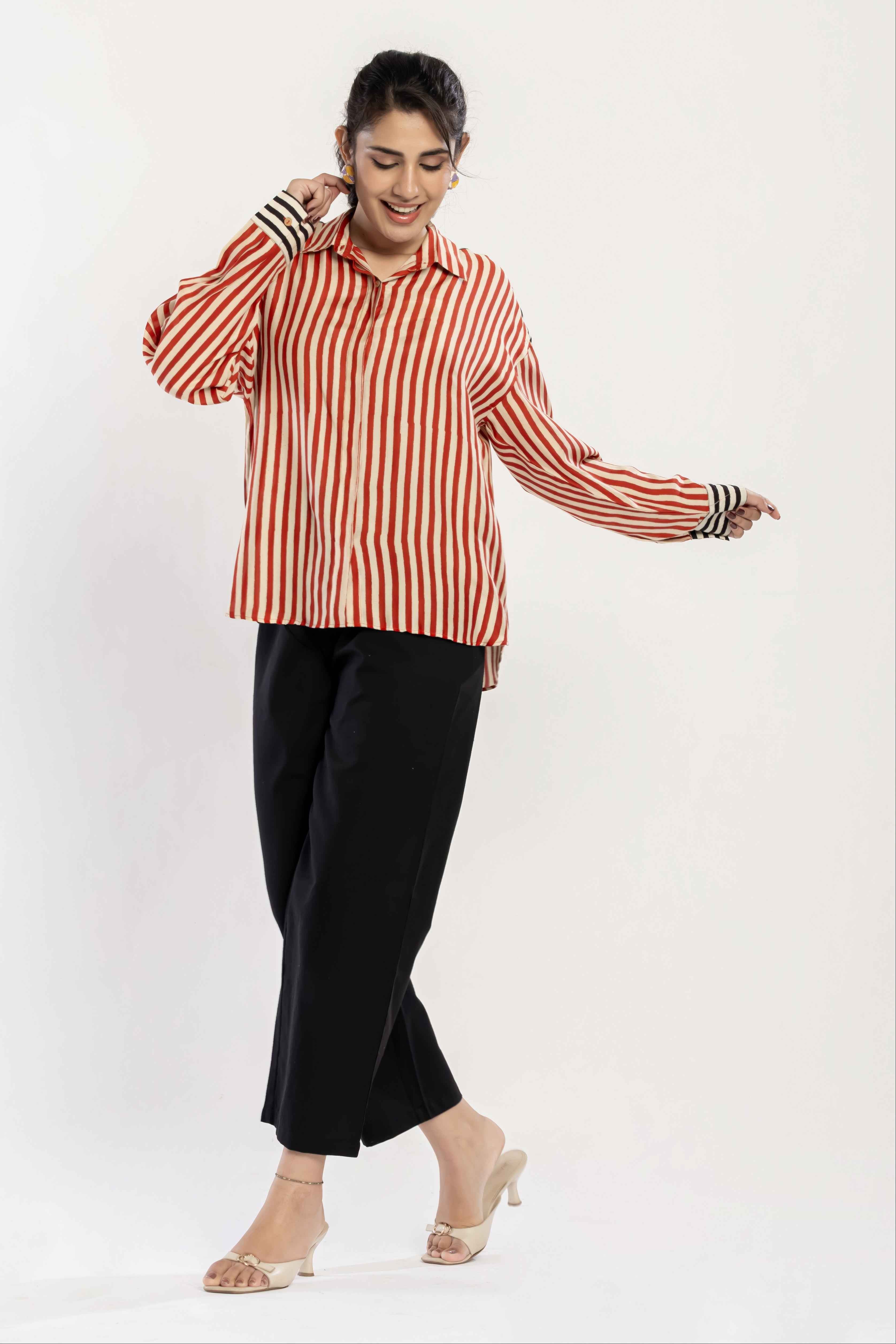 Striped Cotton Muslin Shirt (Red)