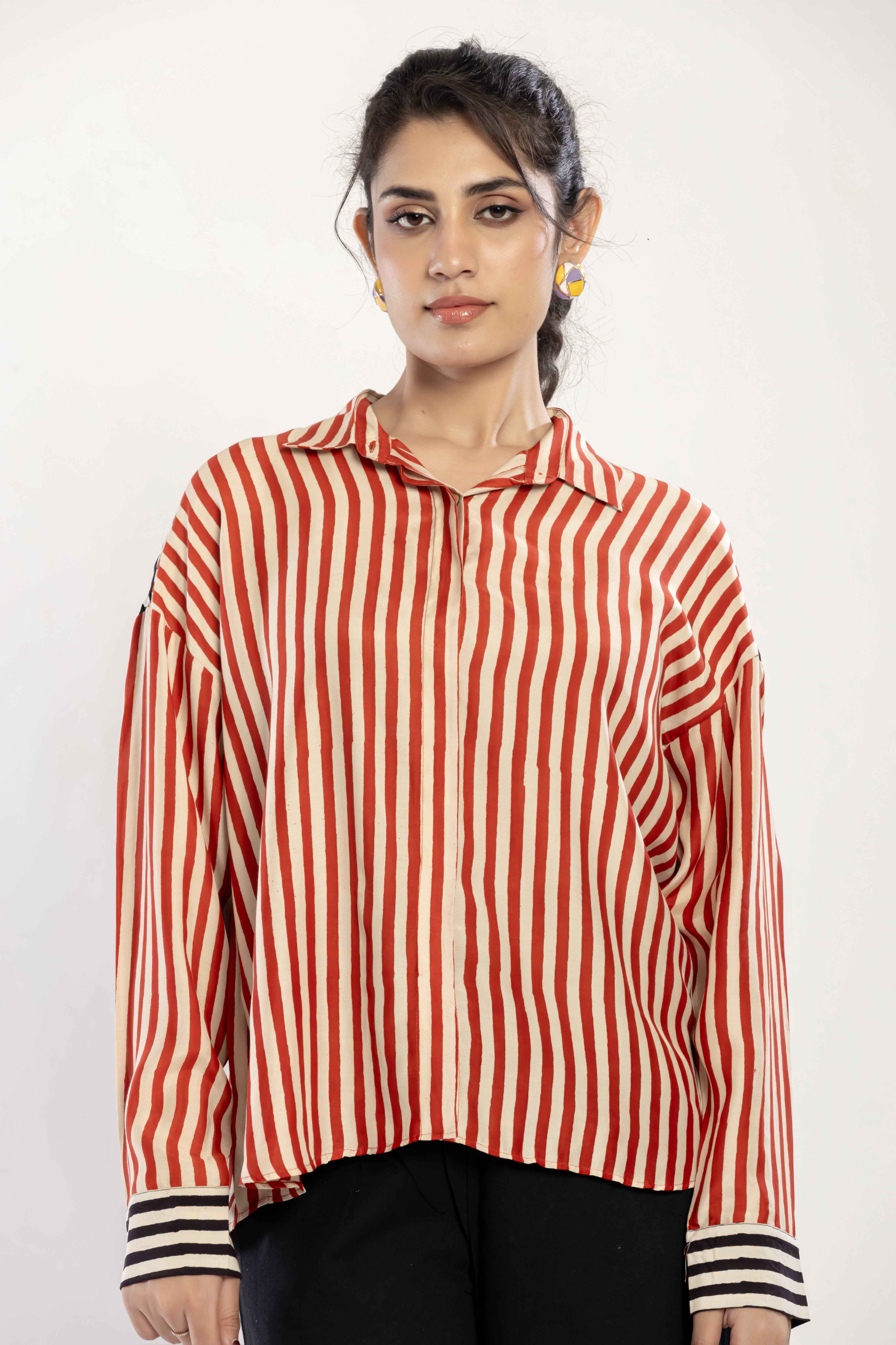 Striped Cotton Muslin Shirt (Red)