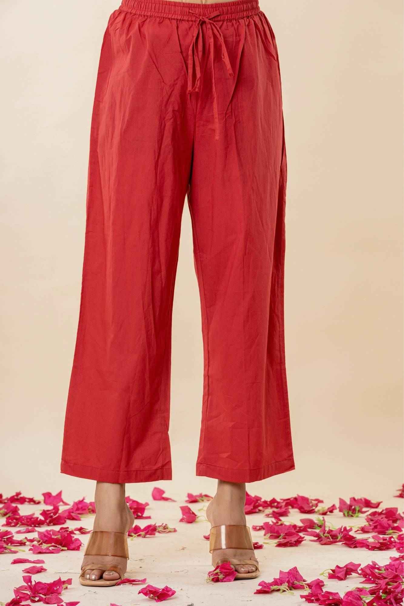 Light Grey Cotton Straight Kurta Set with Red Pants & Printed Dupatta (Set of 3)