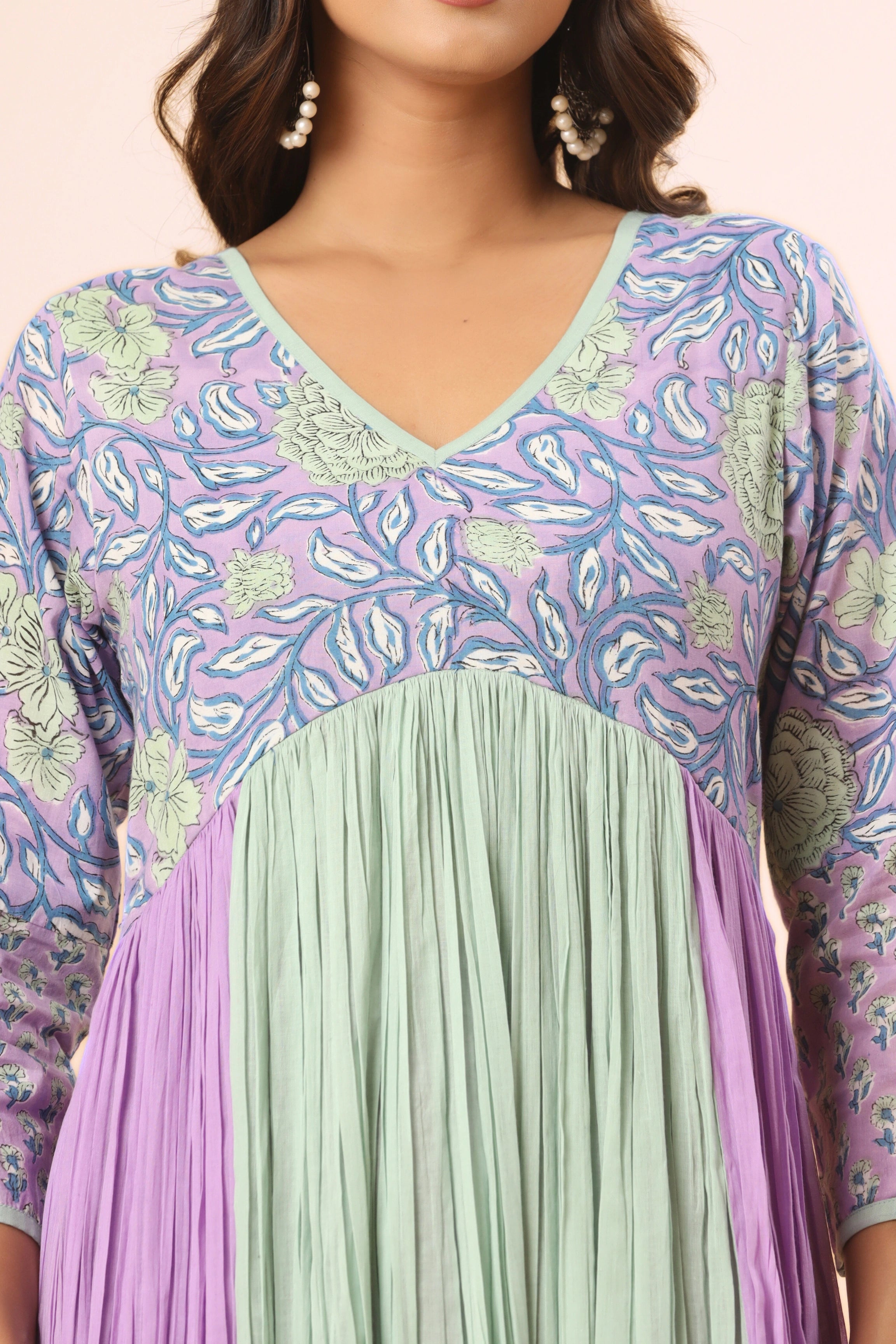 Lavender & Seafoam Floral Block Print Crinkle Anarkali (Pants included)