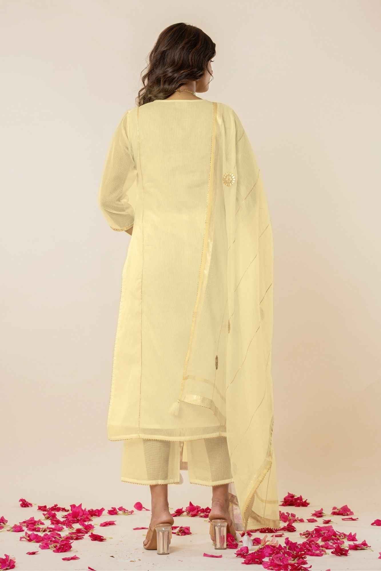 Butter yellow Kota Doria Gota Patti Kurta (Set of 3)