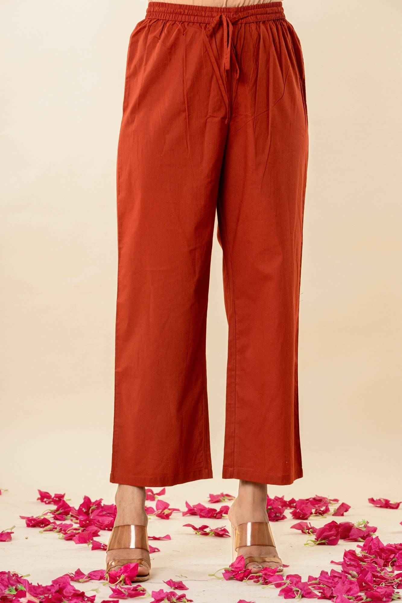 Rust Cotton Straight Kurta Set with Patchwork Sleeves (Set of 2)