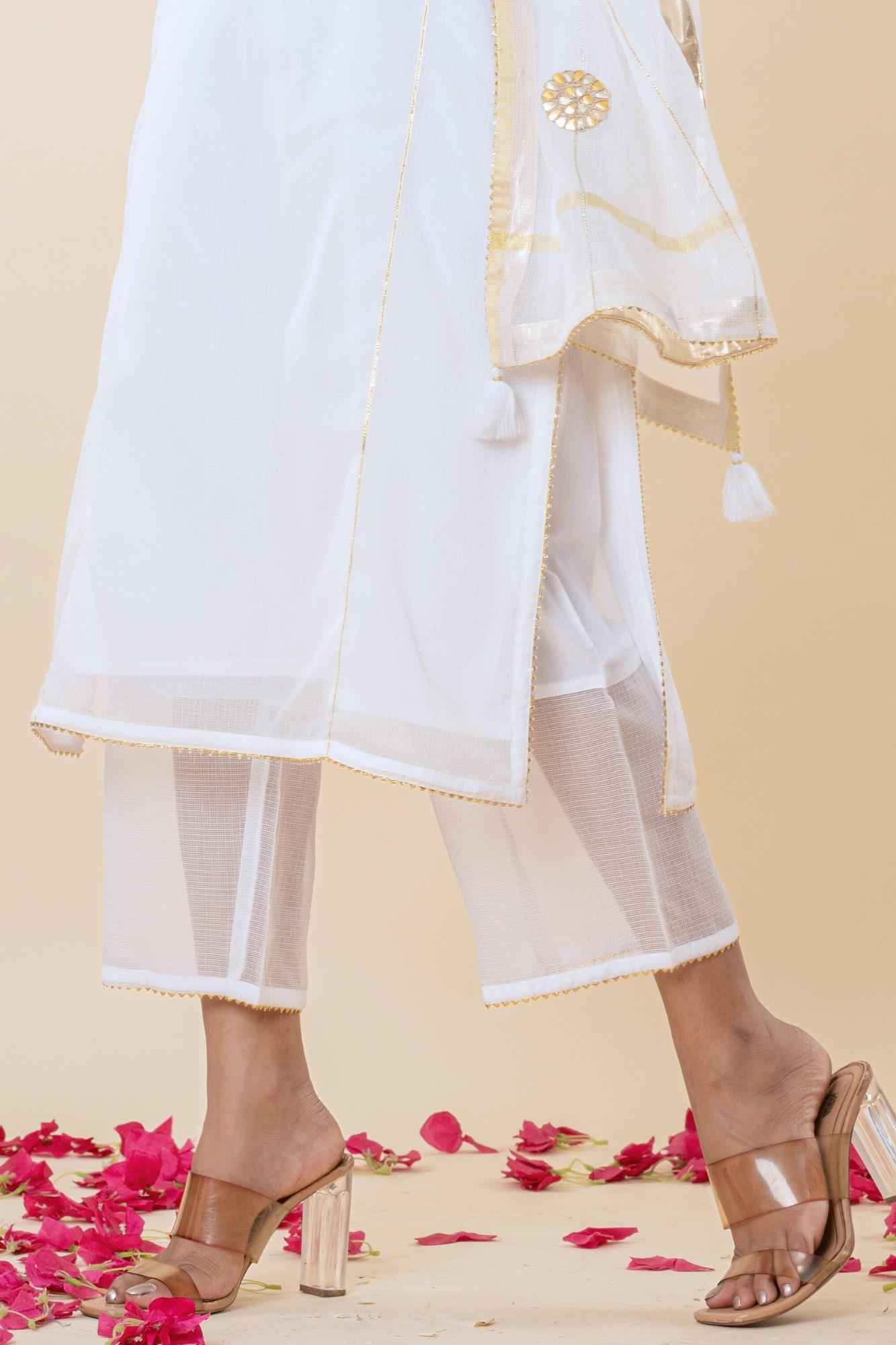 White Kota Doria Gota Patti Kurta (Set Of 3)