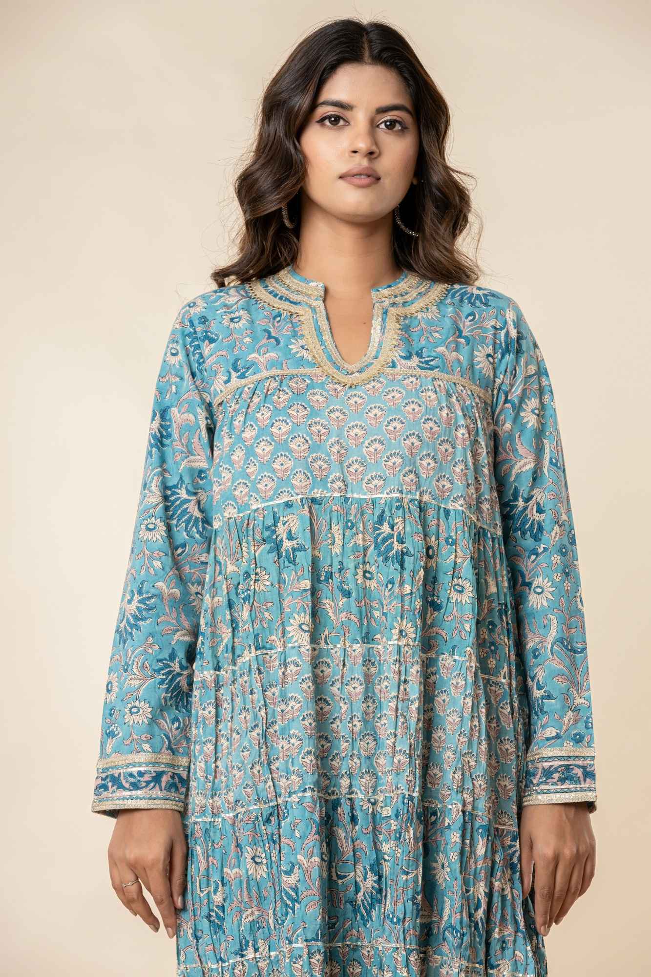 Blue Block Print Tiered Dress