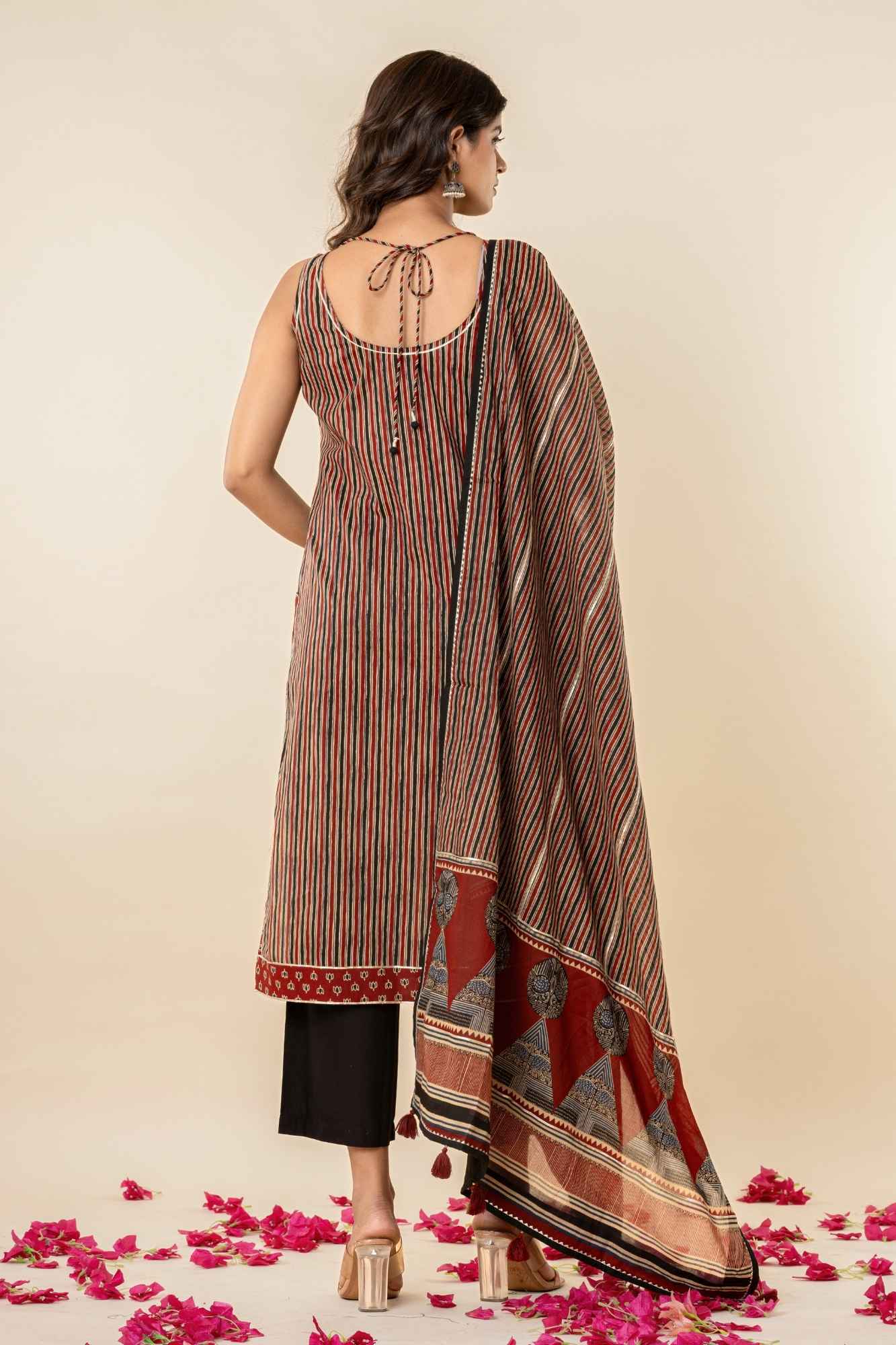 Striped Cotton Sleeveless Kurta Set with Dupatta (Set of 3)