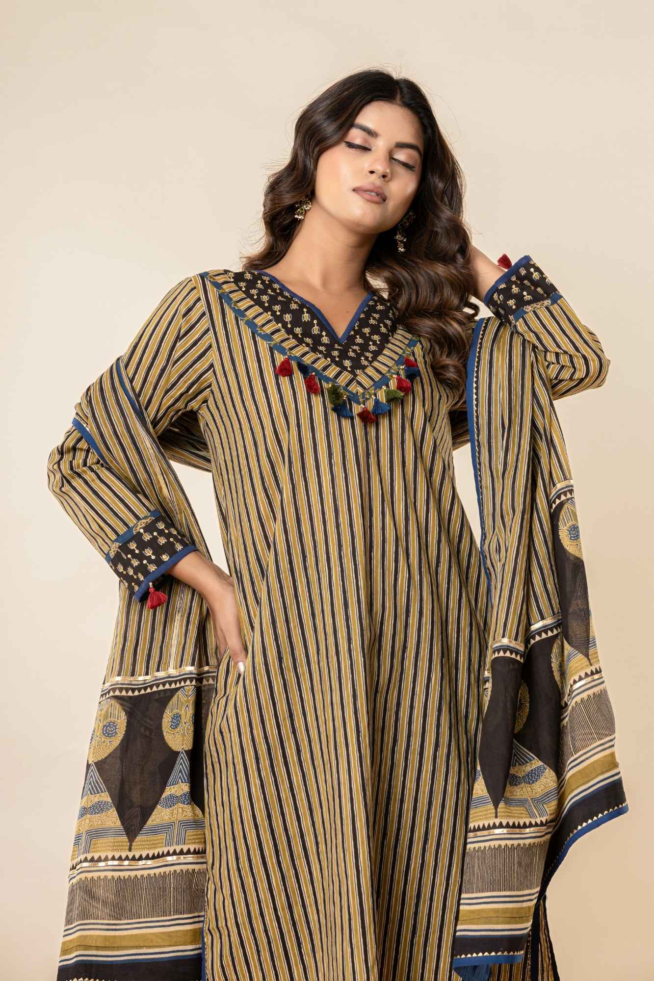 Ajrakh Printed Striped A-Line Kurti Pant Set with Dupatta