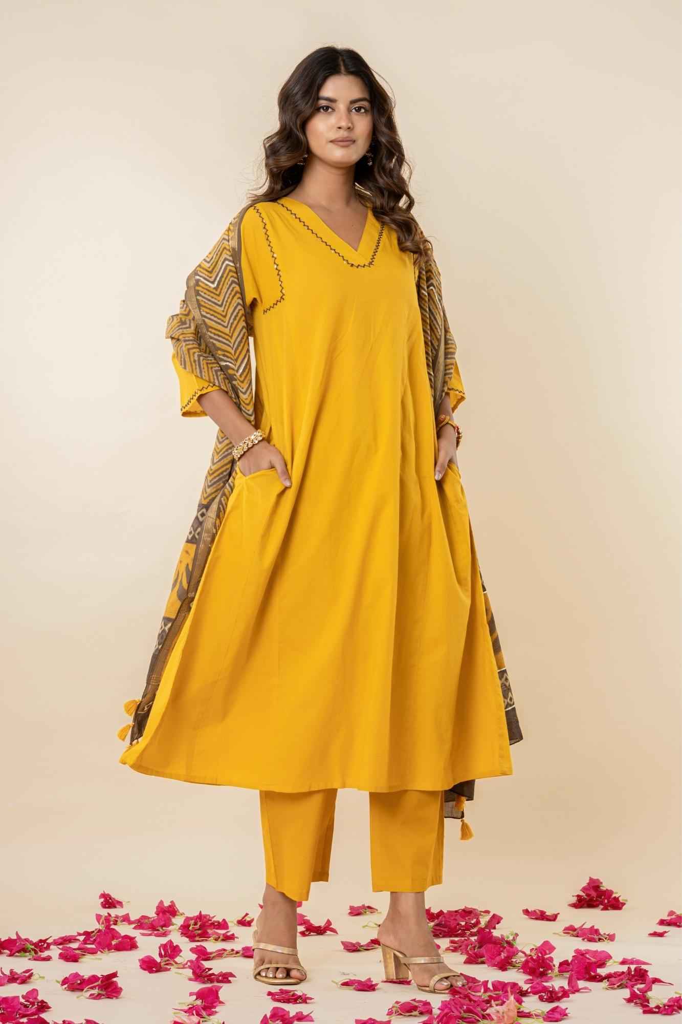 Golden Mustard A-Line Kurti Pant Set with Vanaspati Dupatta