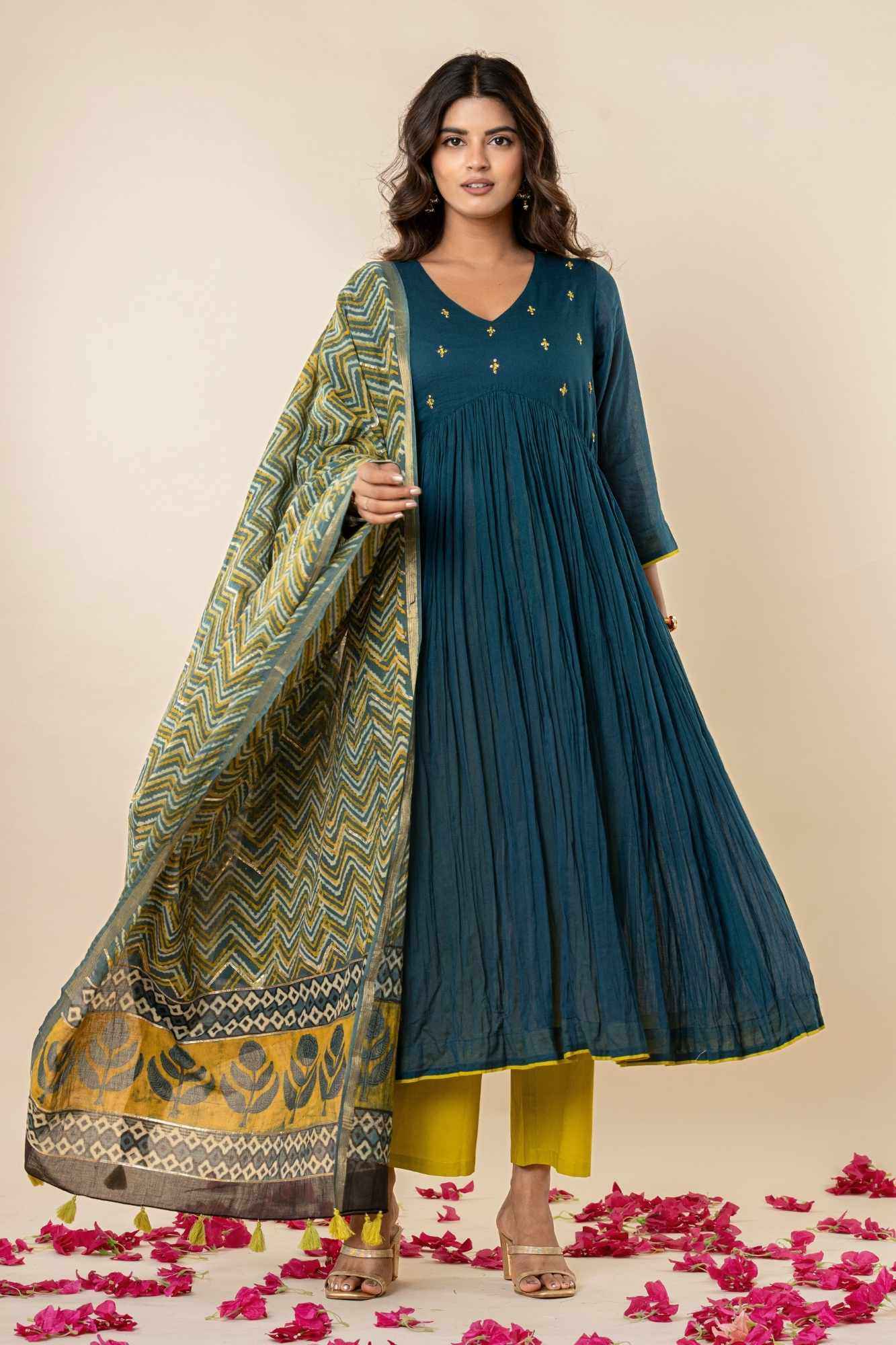 Teal Blue Kurti Pant Set with Vanaspati printed Dupatta (Set of 3)