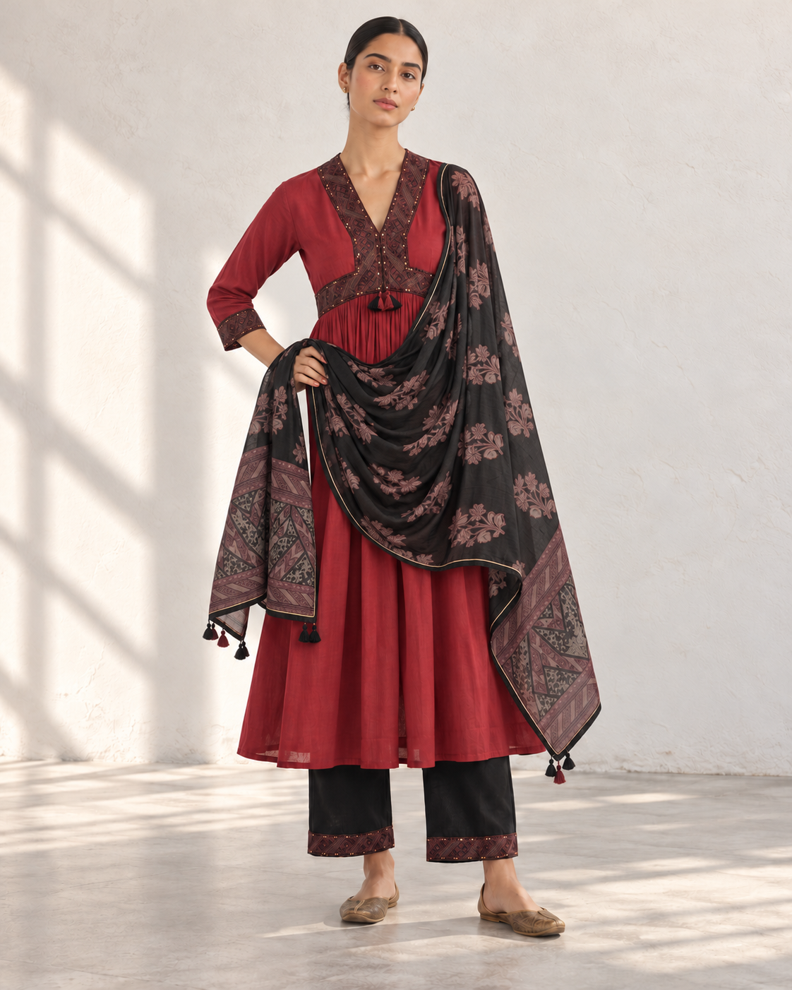Carrot & Brown Hand Block Printed Gathered Kurta Set