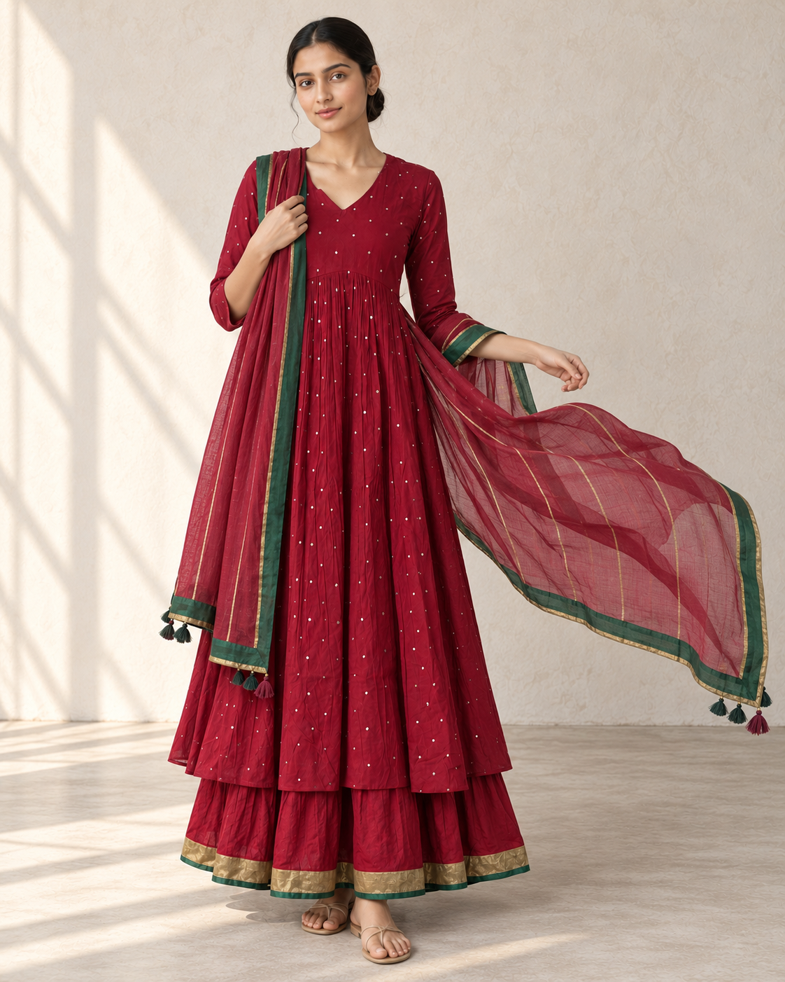 Crimson Red Cotton Mul Mul Empire Cut Kurta, Skirt & Dupatta Set