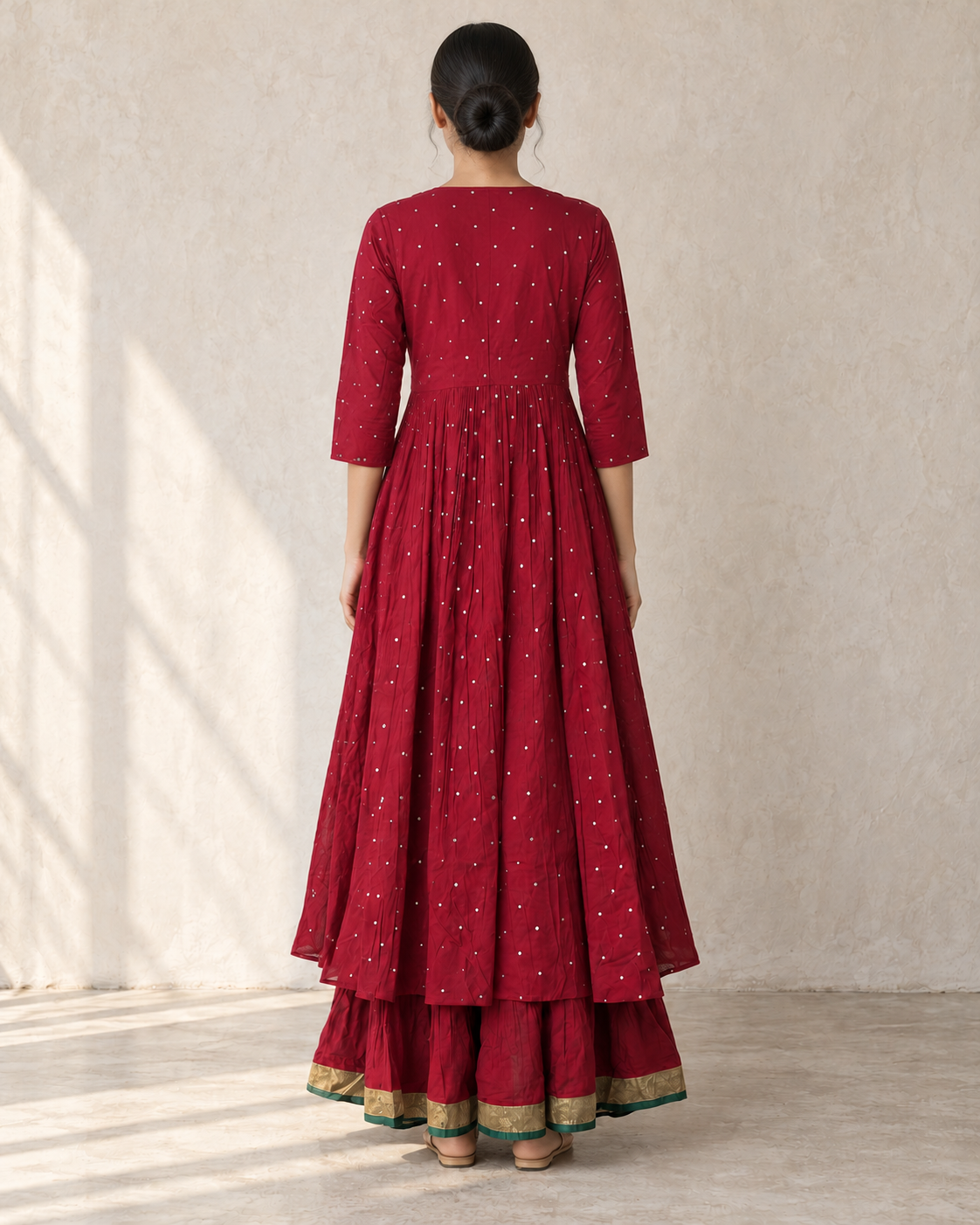 Crimson Red Cotton Mul Mul Empire Cut Kurta, Skirt & Dupatta Set