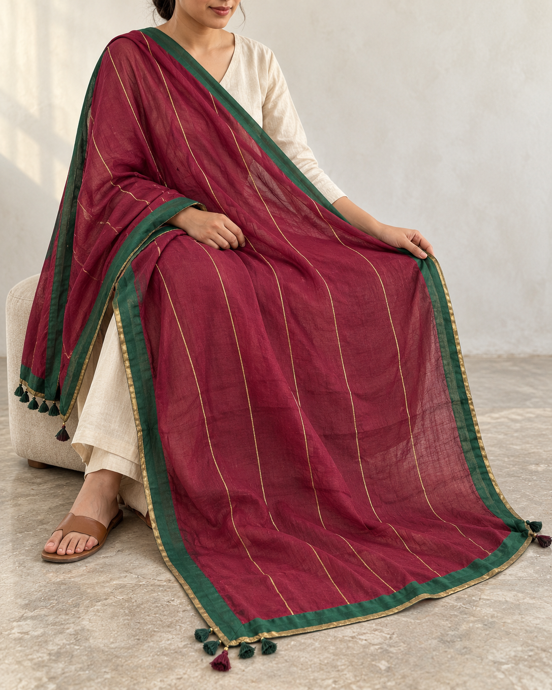 Crimson Red Cotton Mul Mul Empire Cut Kurta, Skirt & Dupatta Set