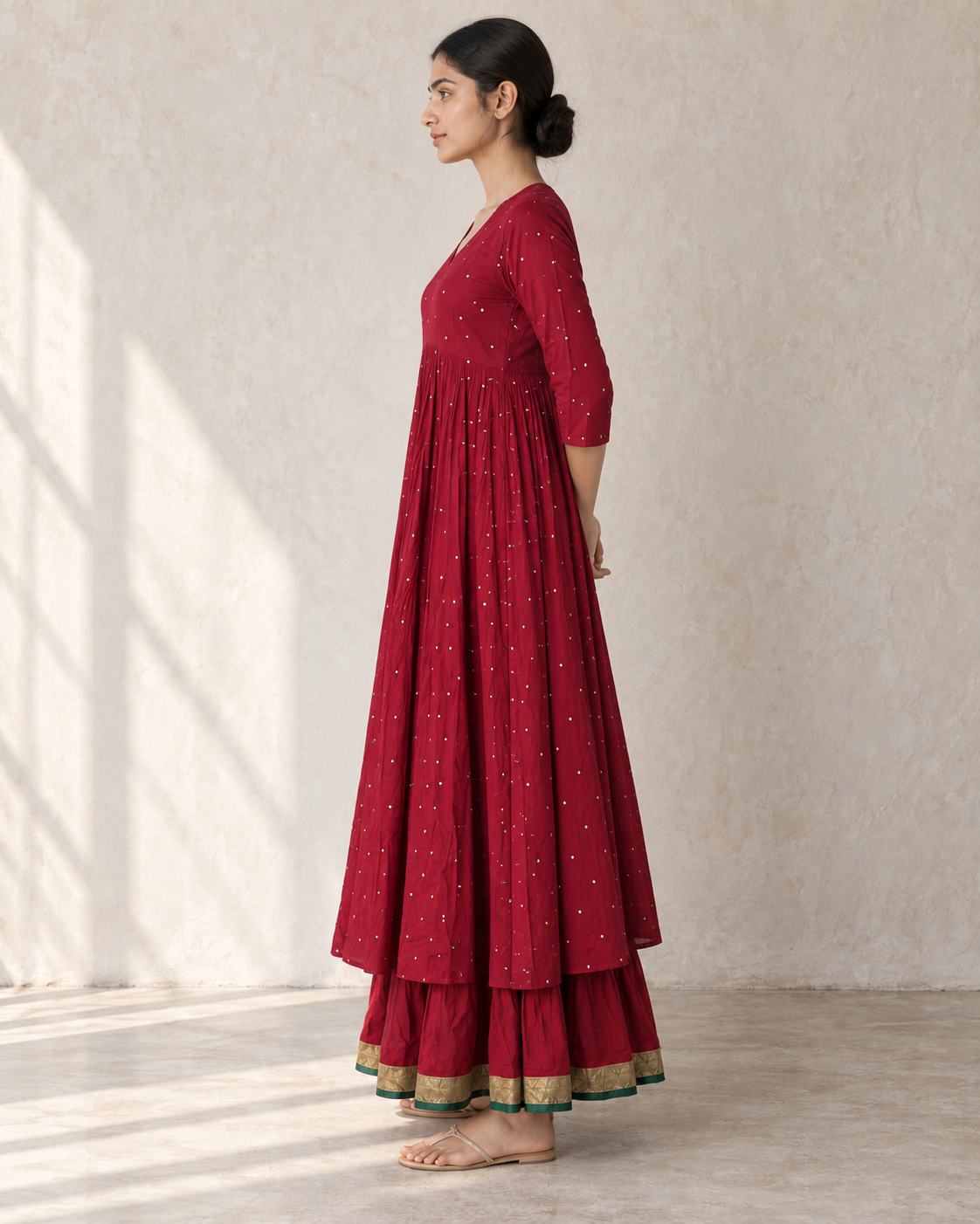 Crimson Red Cotton Mul Mul Empire Cut Kurta, Skirt & Dupatta Set