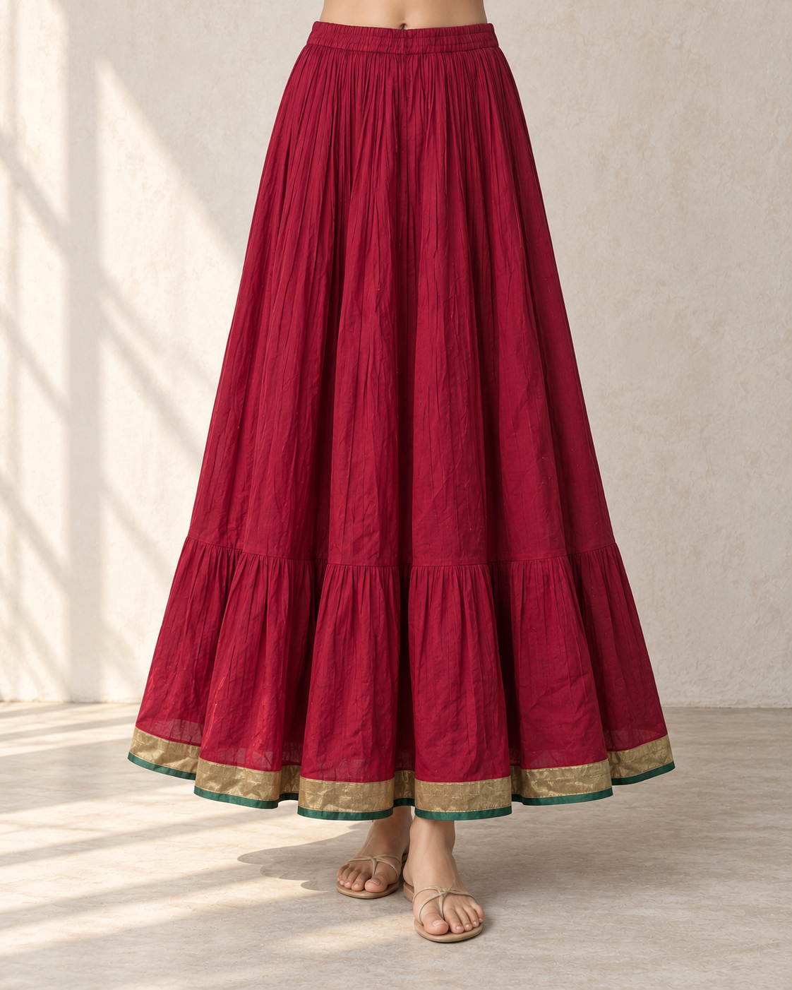 Crimson Red Cotton Mul Mul Empire Cut Kurta, Skirt & Dupatta Set