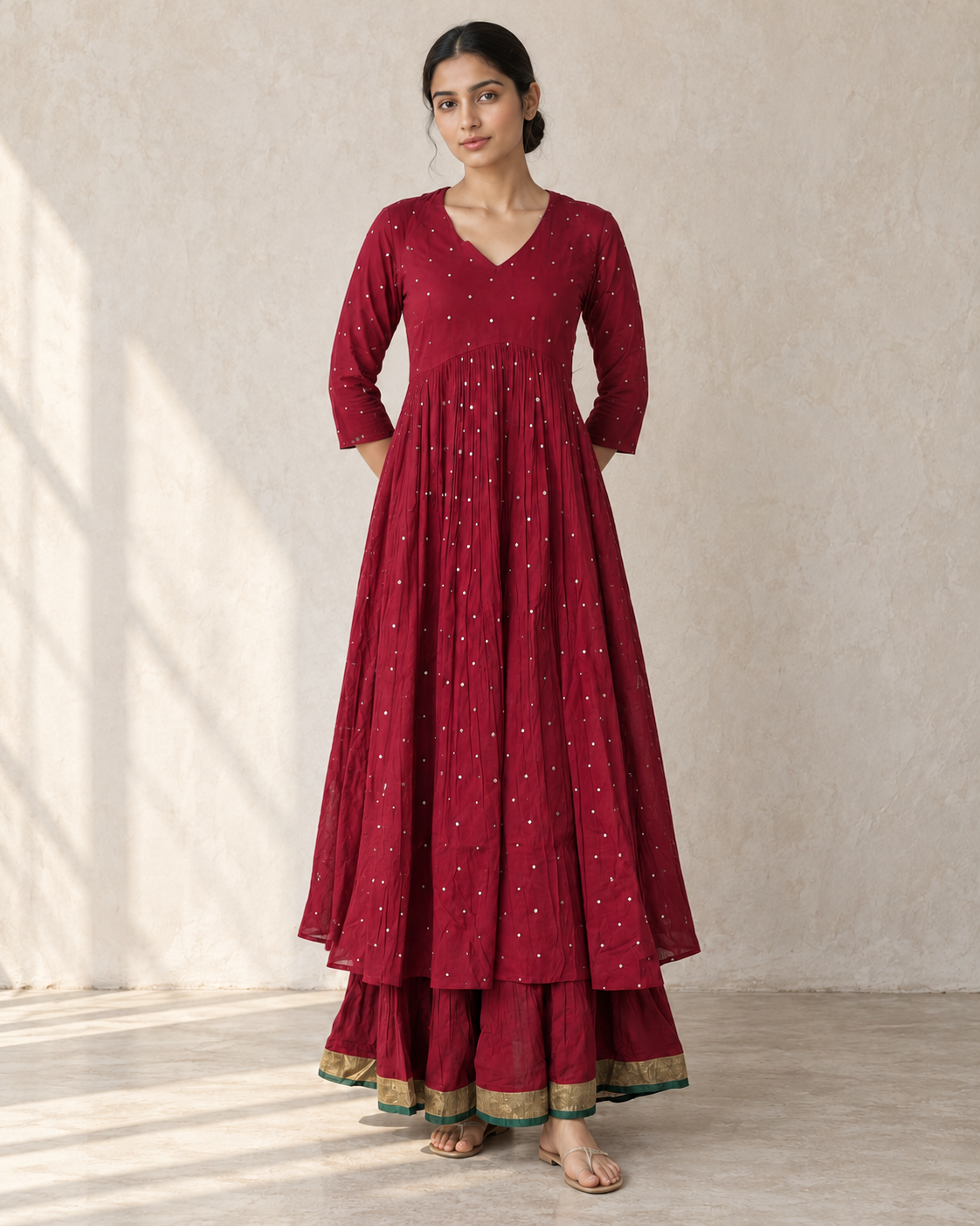 Crimson Red Cotton Mul Mul Empire Cut Kurta, Skirt & Dupatta Set