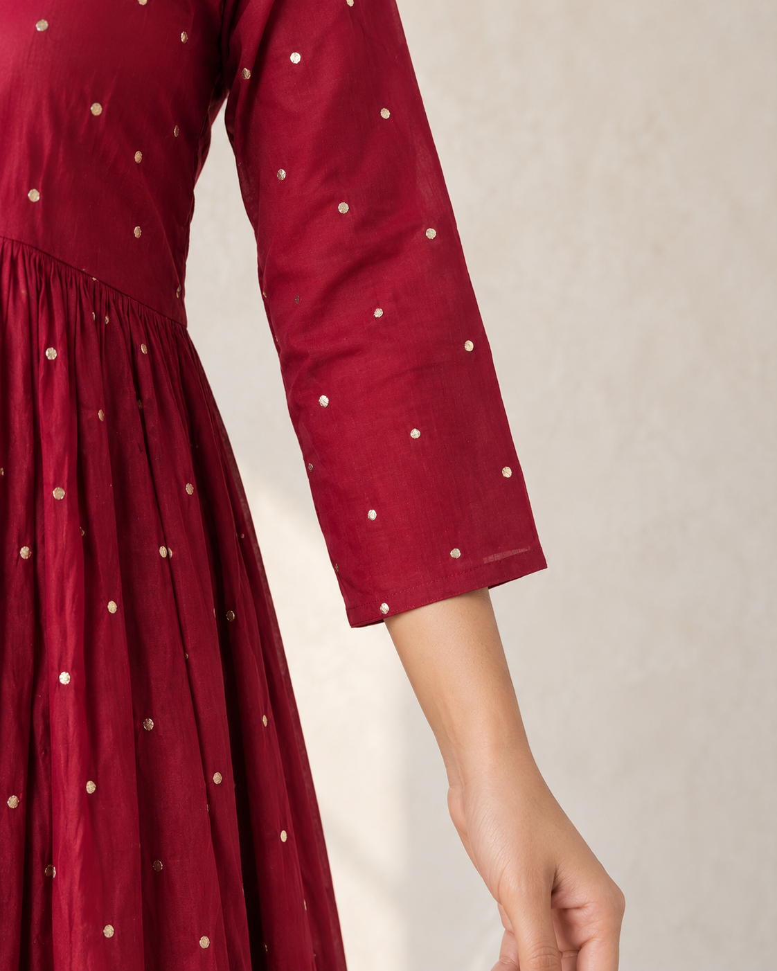 Crimson Red Cotton Mul Mul Empire Cut Kurta, Skirt & Dupatta Set