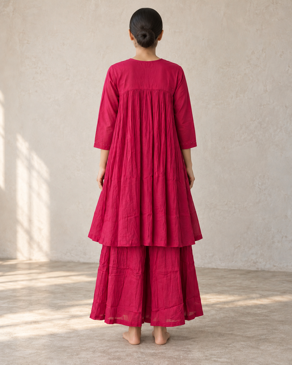 Berry Pink Mul Mul Gathered Kurta & Sharara Set