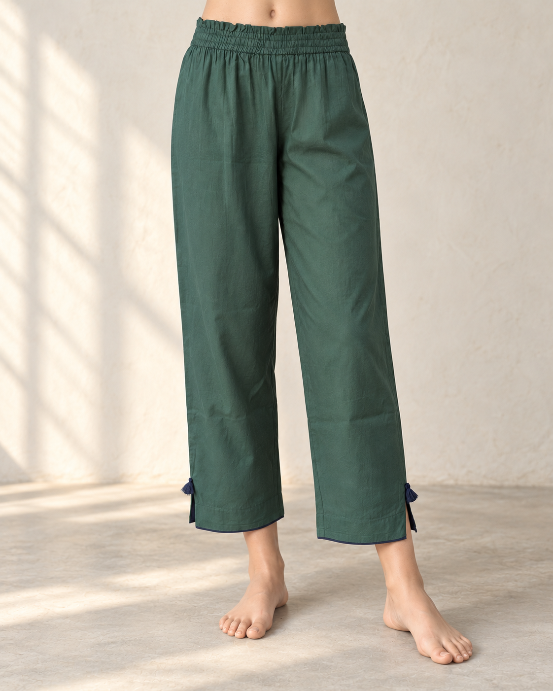 Navy Blue Pintuck Gathered Kurta, Bottle Green Pants & Dupatta Set